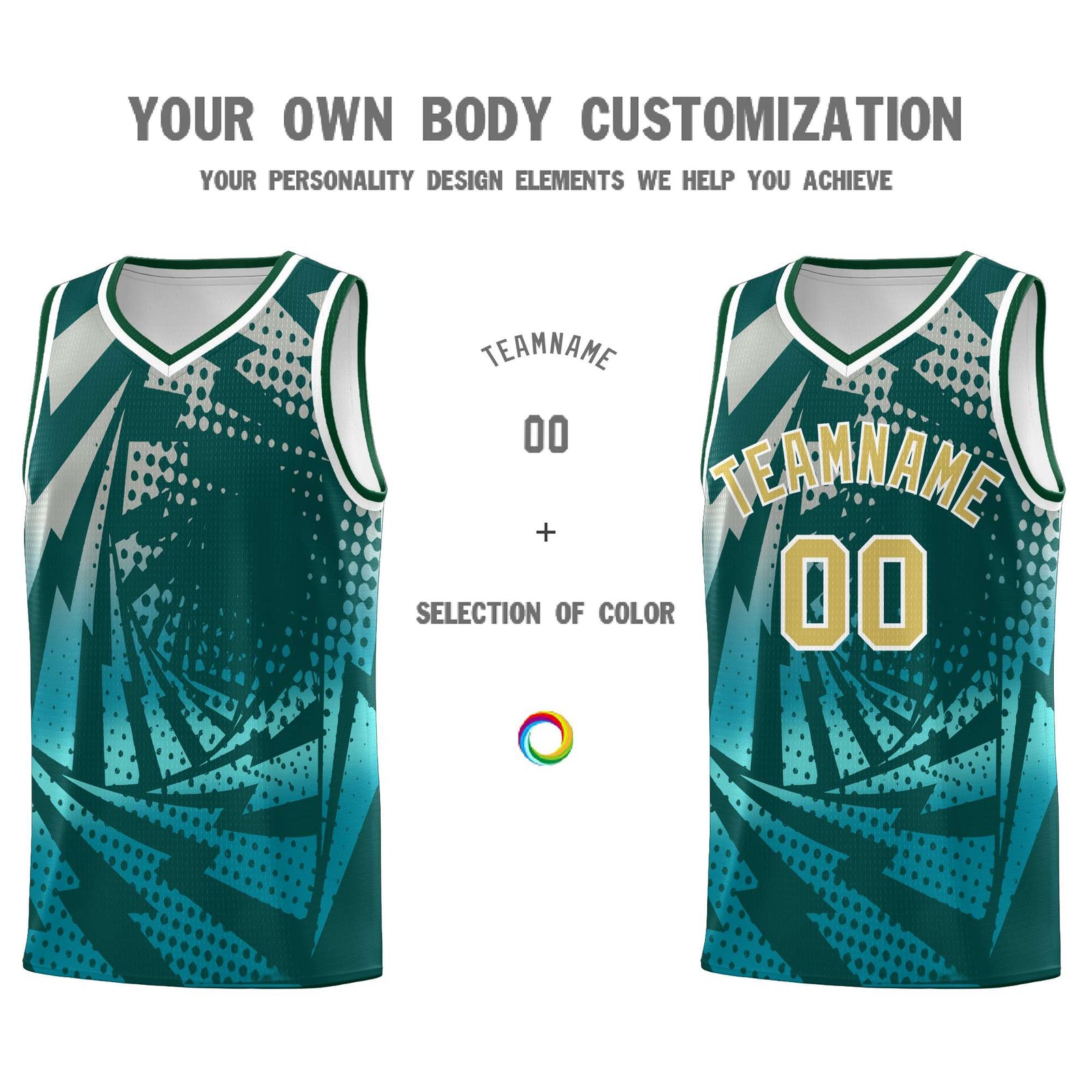 Custom Youth Basketball Jerseys Midnight Green Teal Lightning Halftone Personalized Team Uniforms