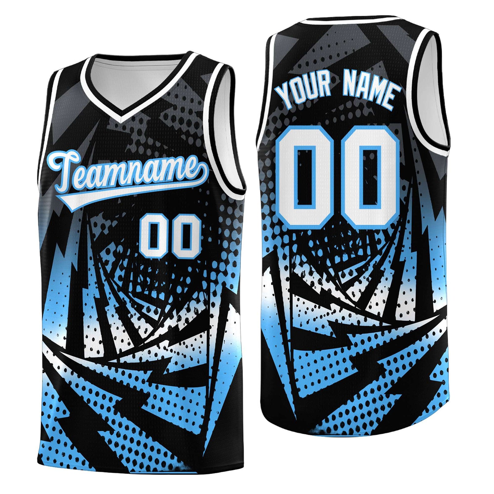 Custom Youth Basketball Jerseys Black Powder Blue Lightning Design Halftone Personalized Uniforms