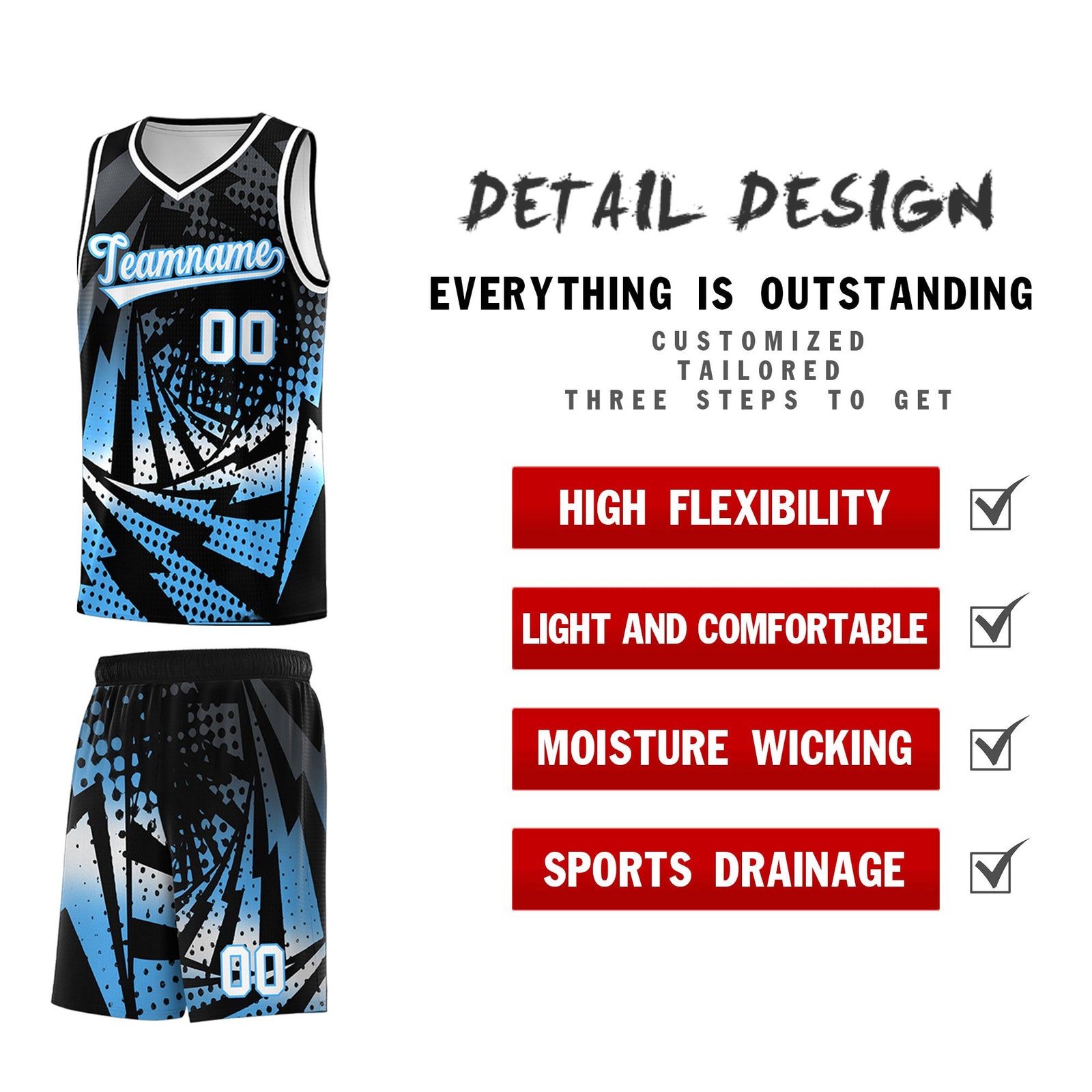 Custom Youth Basketball Jerseys Black Powder Blue Lightning Design Halftone Personalized Uniforms