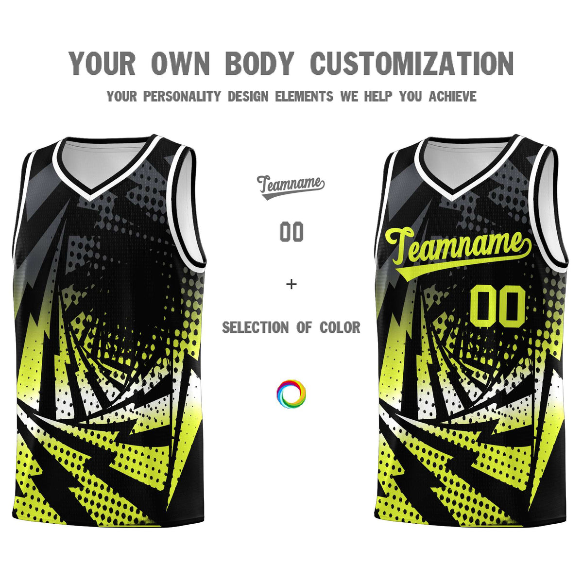 Custom Youth Basketball Jerseys Black Fluorescent Green Lightning Halftone Personalized Team Uniforms