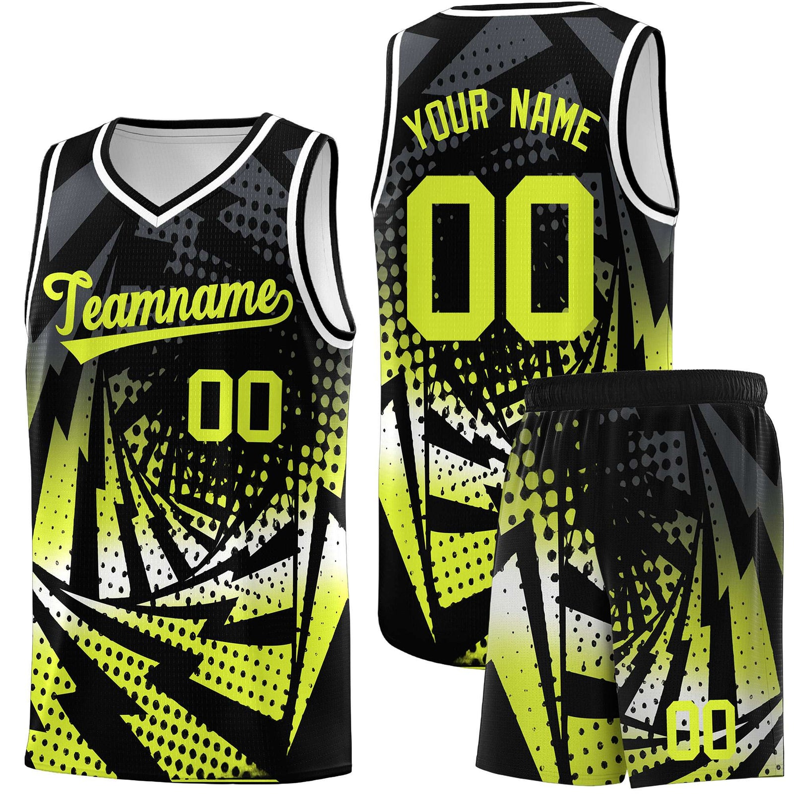 Custom Youth Basketball Jerseys Black Fluorescent Green Lightning Halftone Personalized Team Uniforms