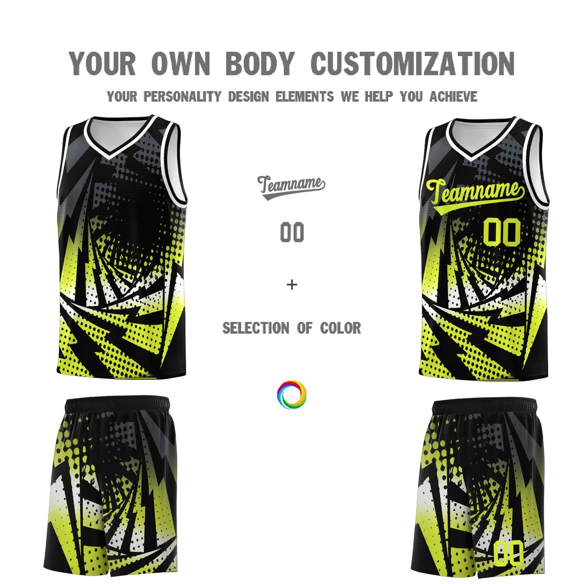 Custom Youth Basketball Jerseys Black Fluorescent Green Lightning Halftone Personalized Team Uniforms