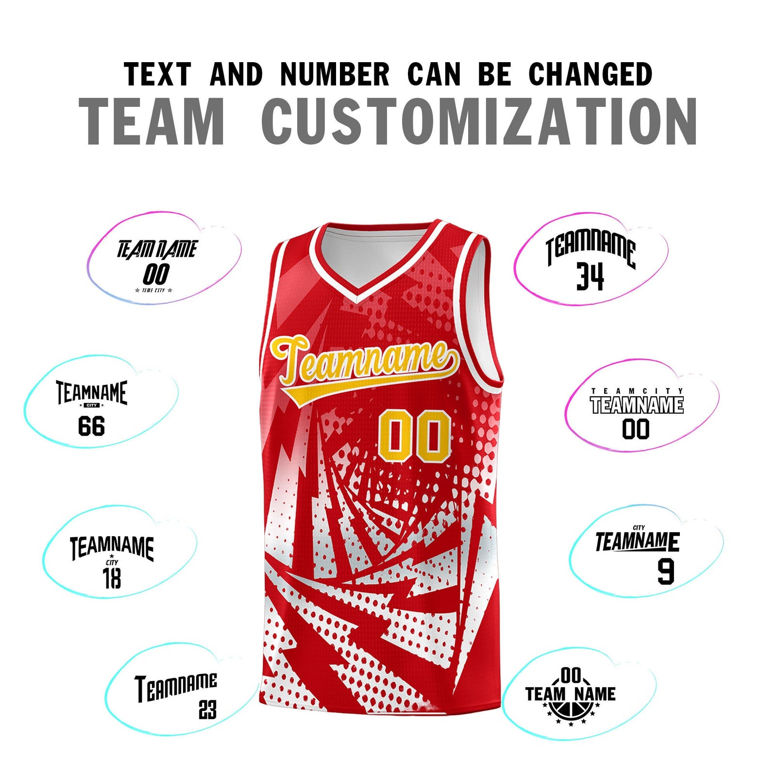 Custom Youth Basketball Jerseys Red White Lightning Halftone Personalized Team Uniforms