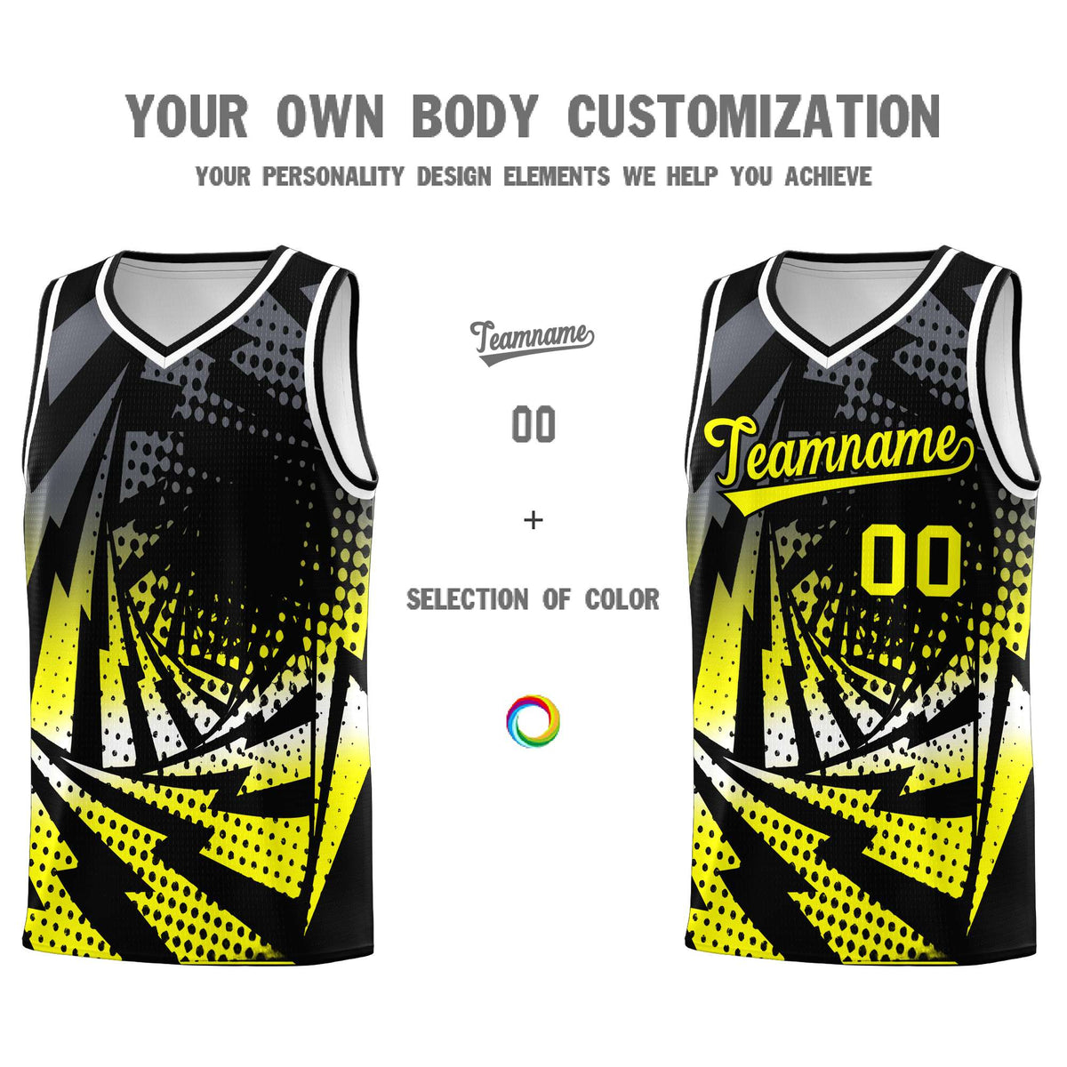Custom Youth Basketball Jerseys Black Fluorescent Yellow Lightning Design Halftone Personalized Uniforms