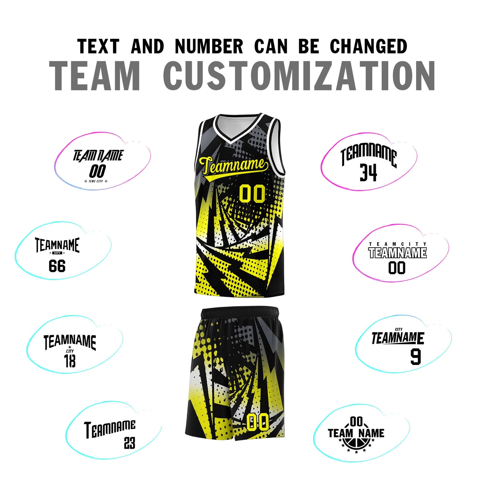 Custom Youth Basketball Jerseys Black Fluorescent Yellow Lightning Design Halftone Personalized Uniforms