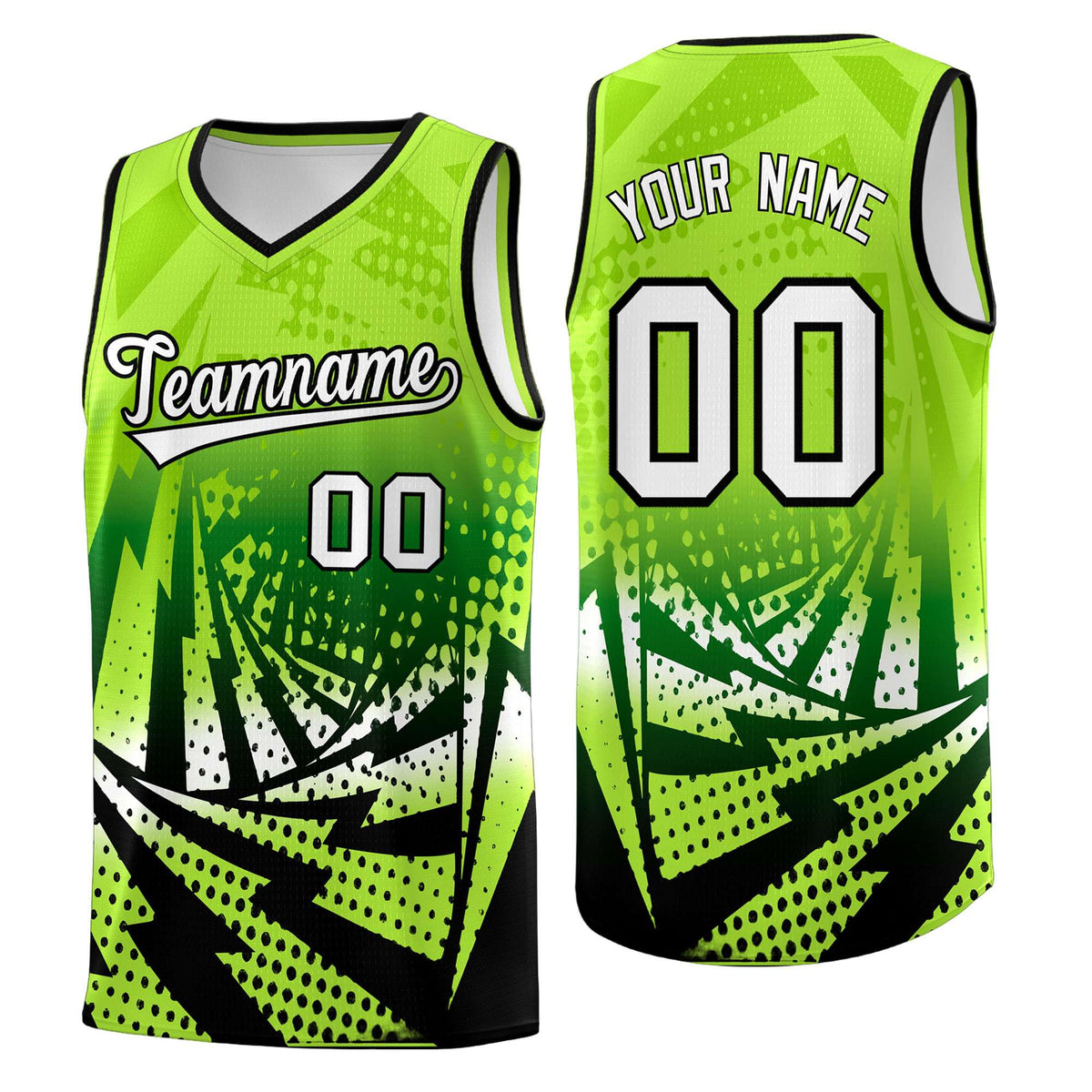 Custom Youth Basketball Jerseys Neon Green Black Lightning Halftone Personalized Team Uniforms