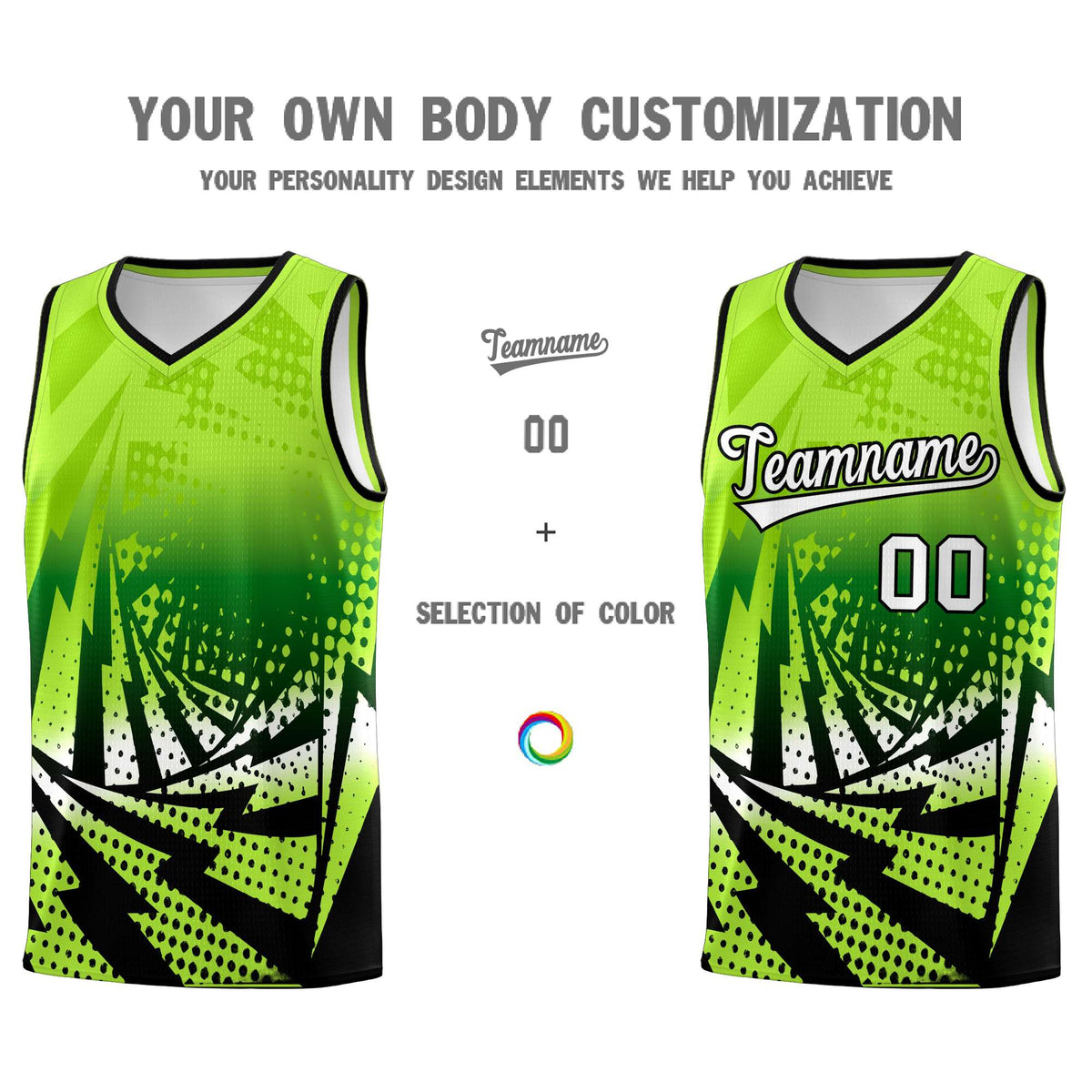 Custom Youth Basketball Jerseys Neon Green Black Lightning Halftone Personalized Team Uniforms