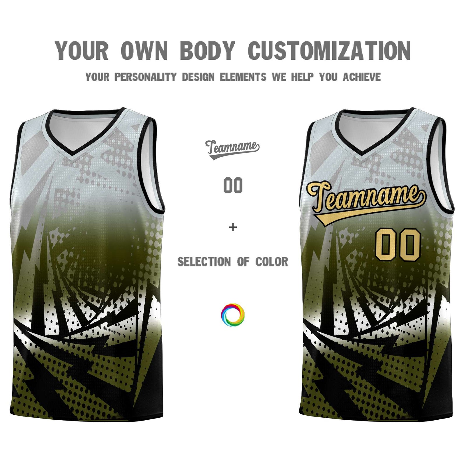 Custom Youth Basketball Jerseys Silver Gray Olive Lightning Design Halftone Personalized Uniforms