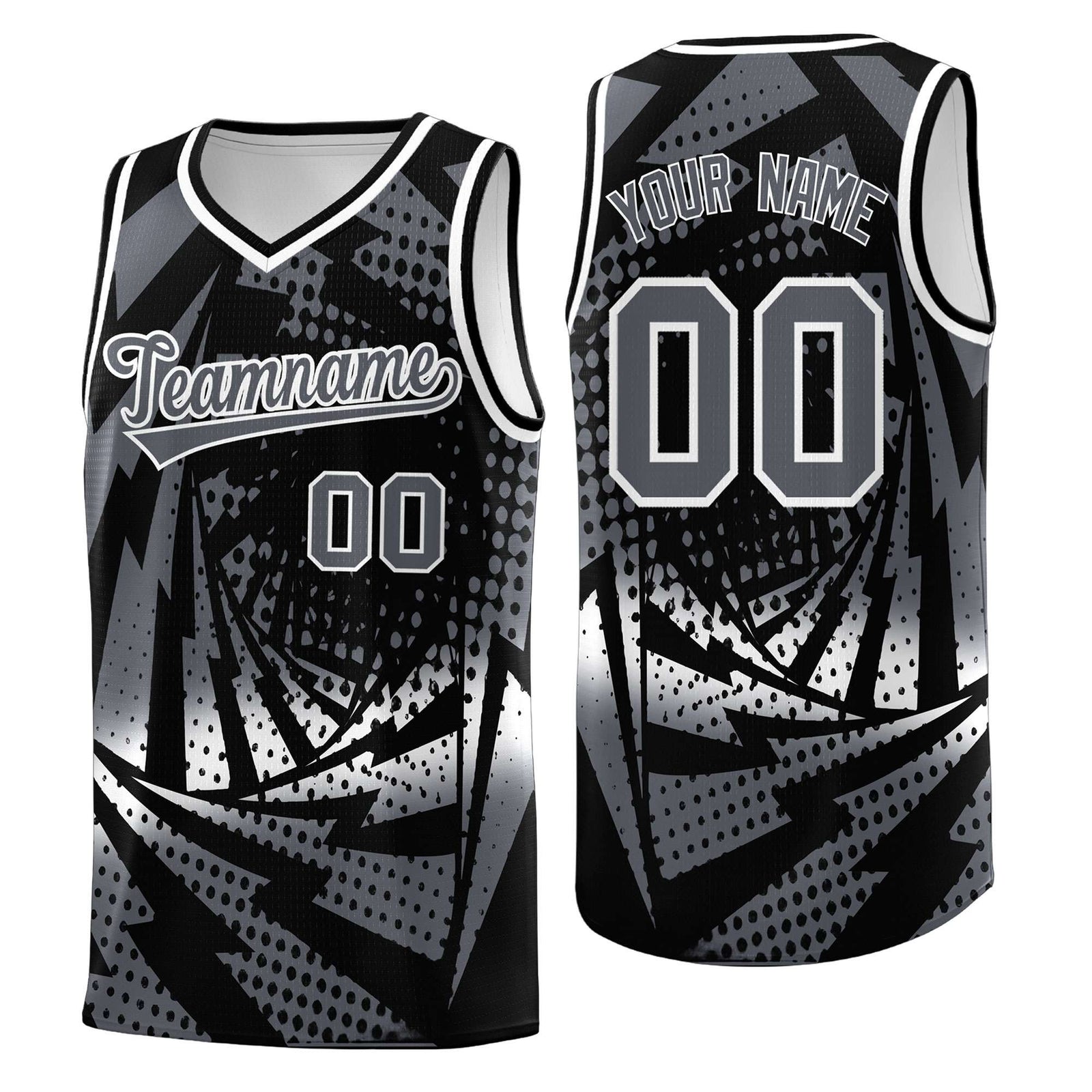 Custom Youth Basketball Jerseys Black Dark Gray Lightning Design Halftone Personalized Uniforms