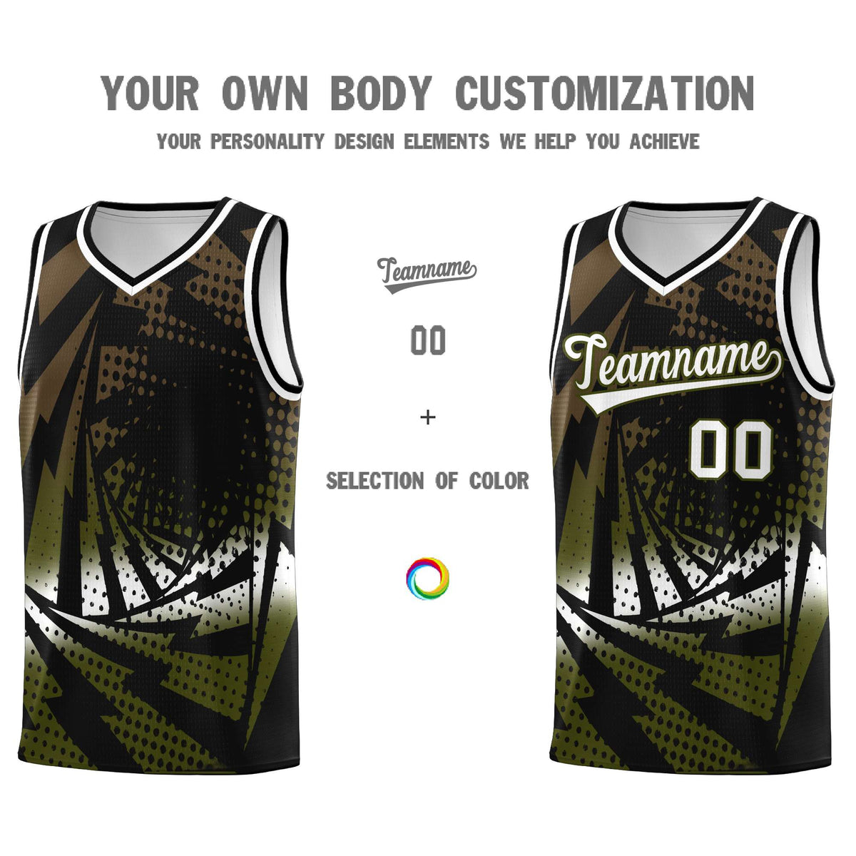Custom Youth Basketball Jerseys Black Olive Lightning Design Halftone Personalized Uniforms