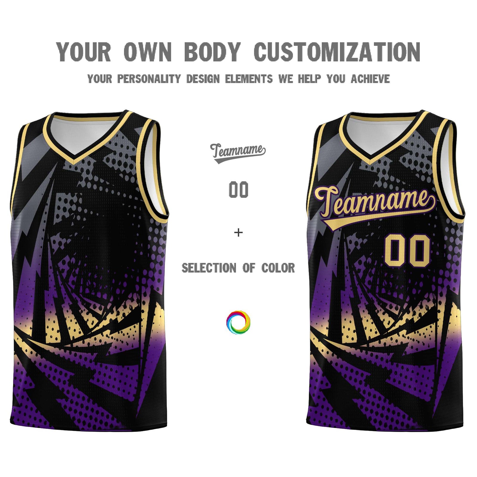 Custom Youth Basketball Jerseys Black Purple Lightning Design Halftone Personalized Uniforms