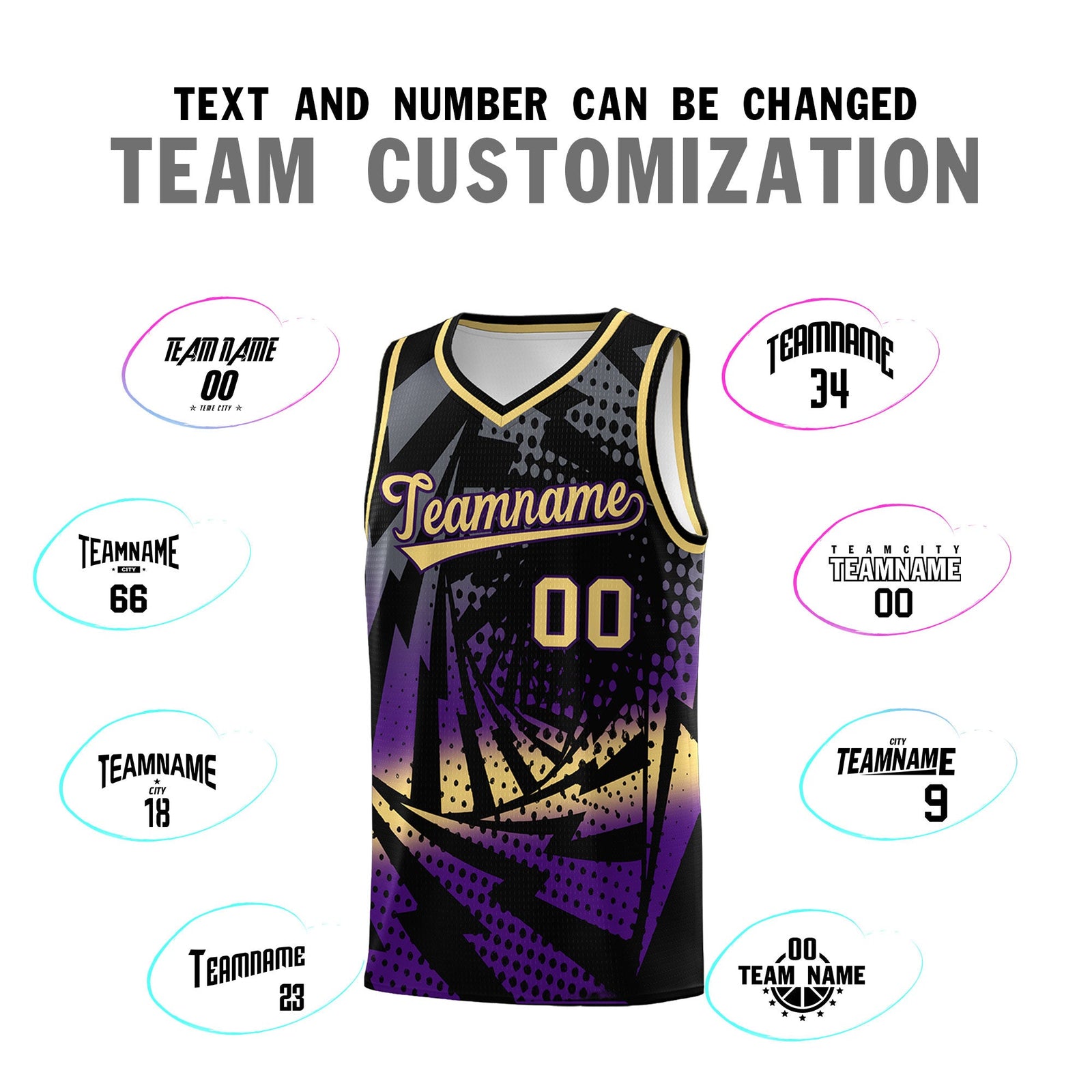 Custom Youth Basketball Jerseys Black Purple Lightning Design Halftone Personalized Uniforms