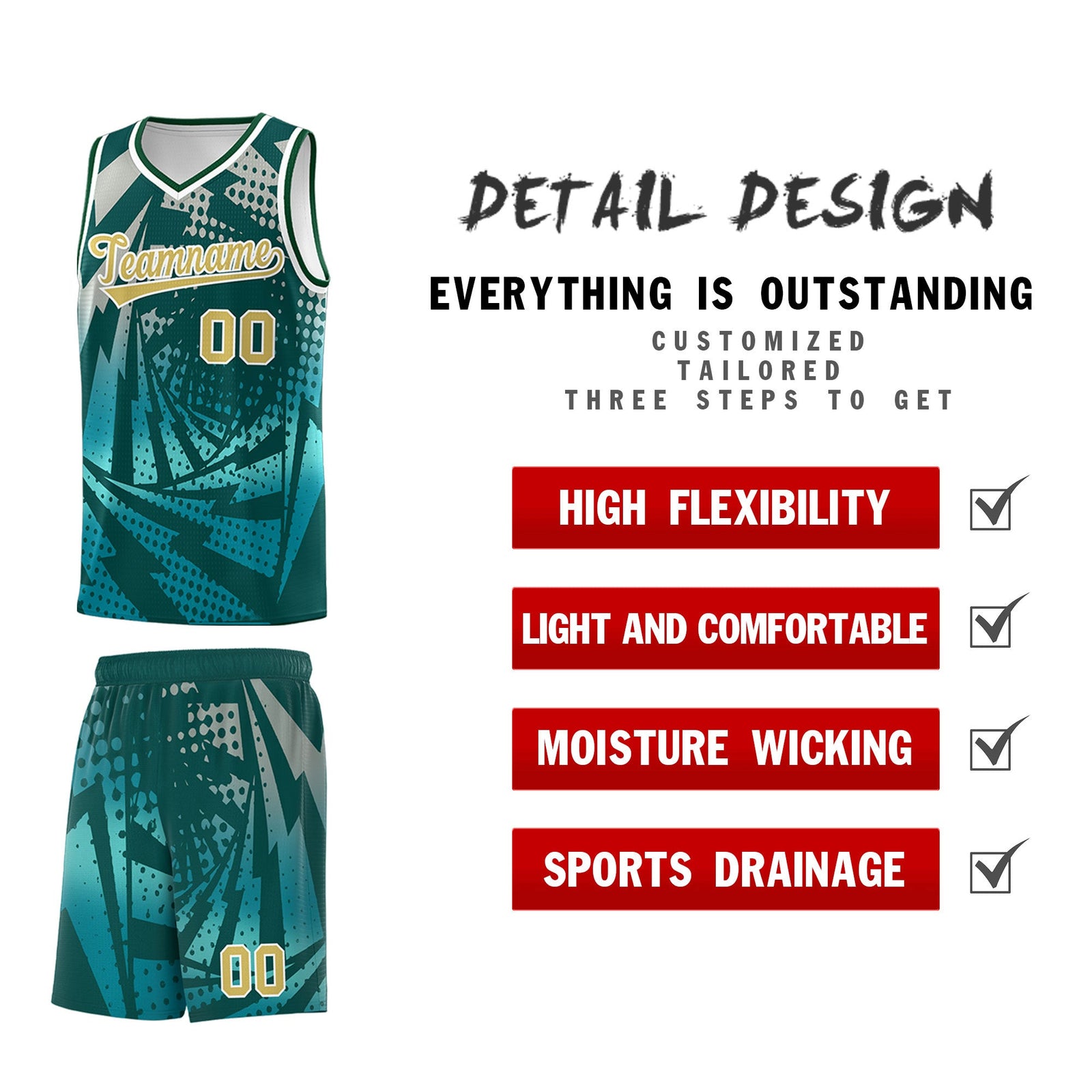 Custom Youth Basketball Jerseys Midnight Green Teal Lightning Halftone Personalized Team Uniforms