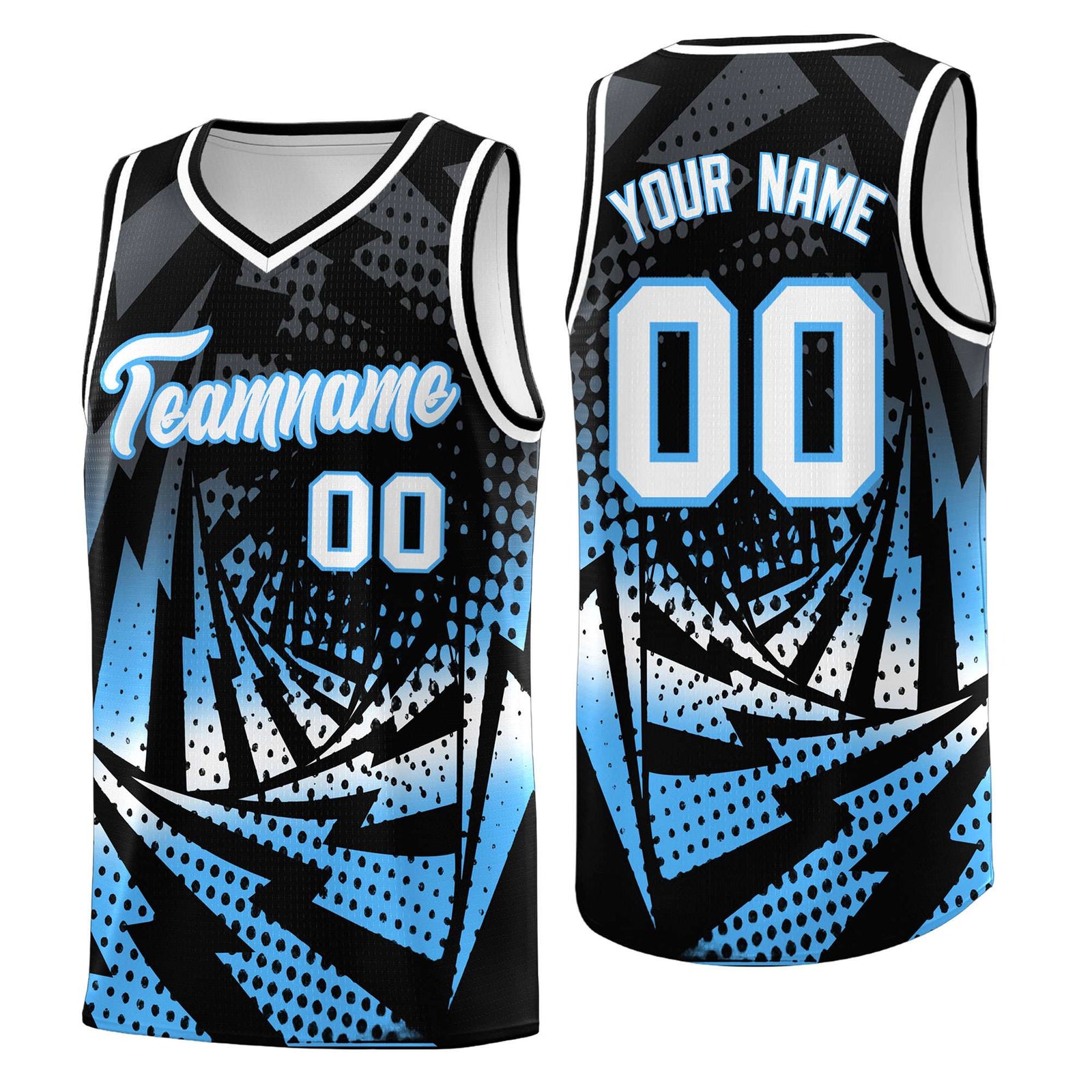 Custom Youth Basketball Jerseys Black Powder Blue Lightning Design Halftone Personalized Uniforms