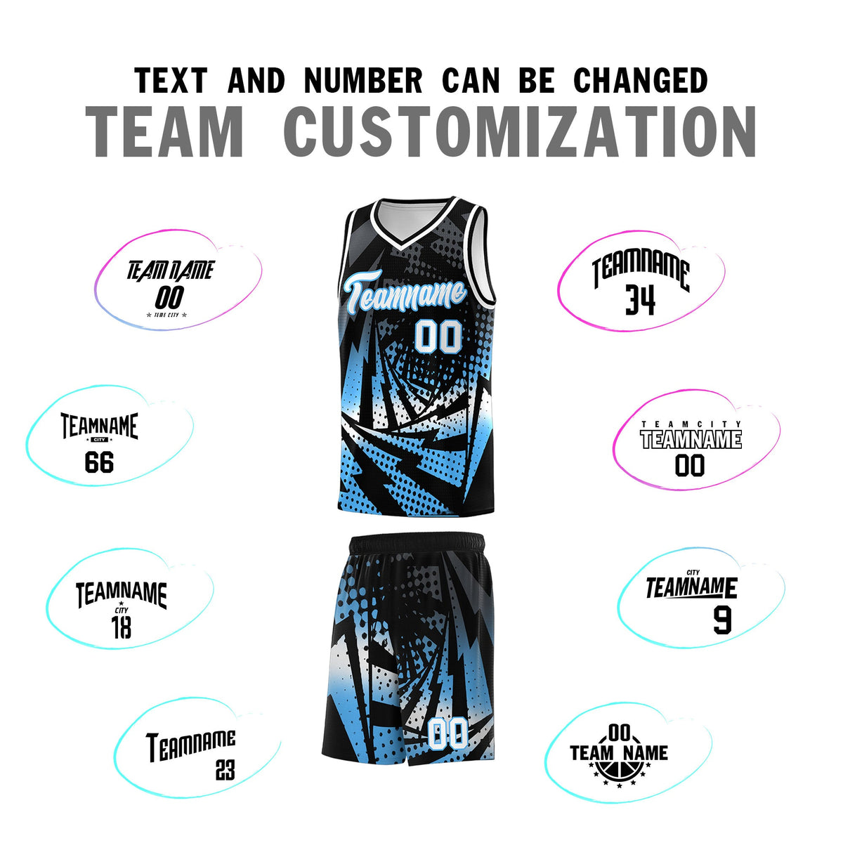 Custom Youth Basketball Jerseys Black Powder Blue Lightning Design Halftone Personalized Uniforms