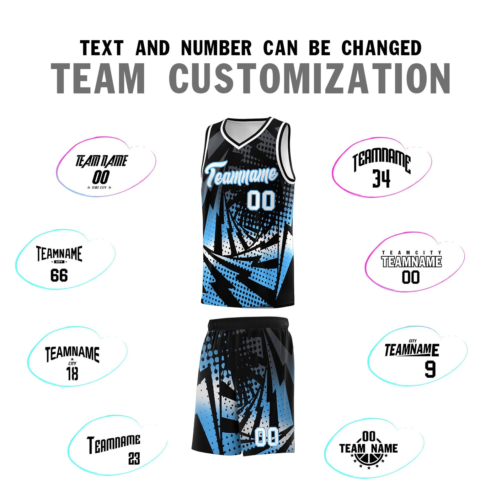 Custom Youth Basketball Jerseys Black Powder Blue Lightning Design Halftone Personalized Uniforms