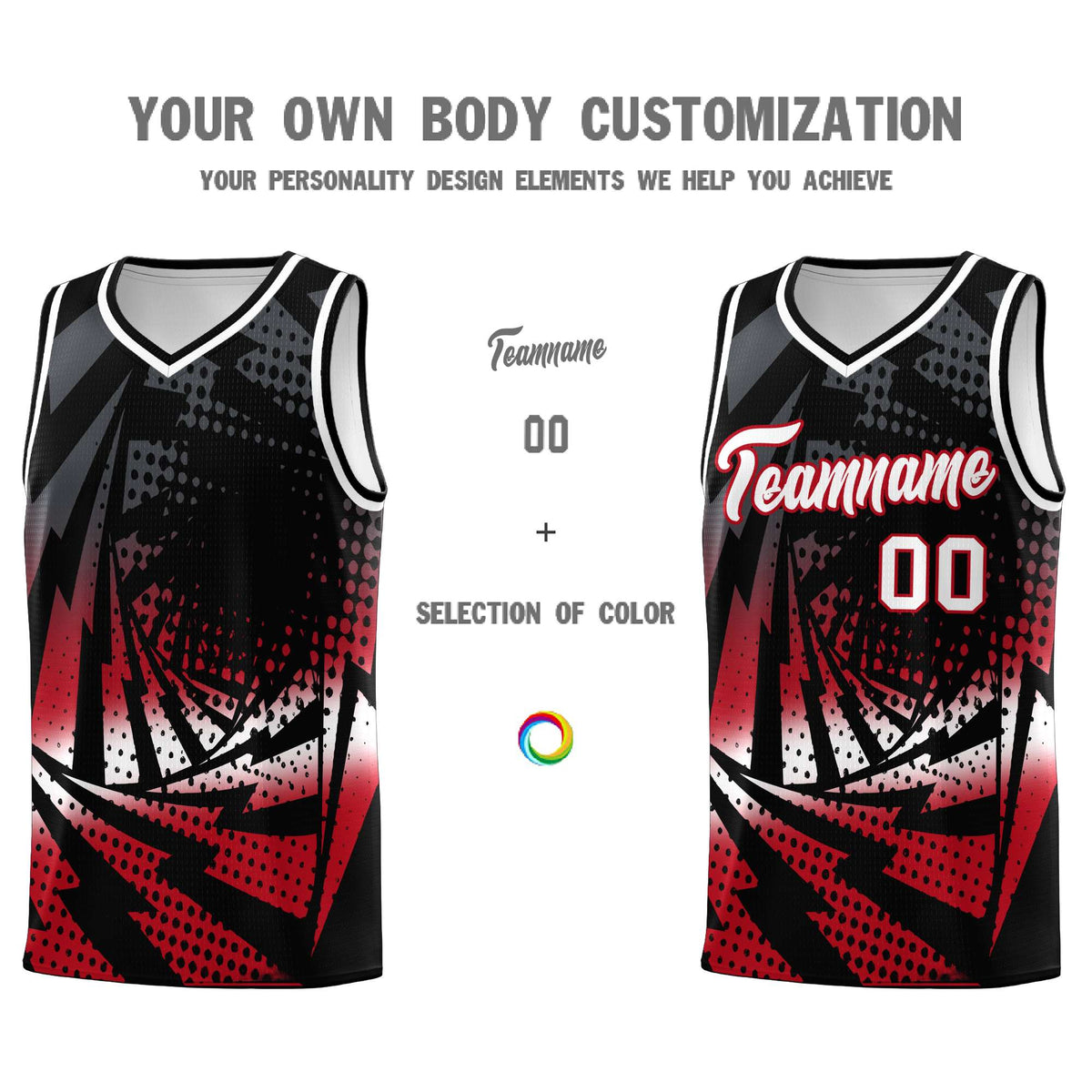 Custom Youth Basketball Jerseys Black Red Lightning Halftone Personalized Team Uniforms