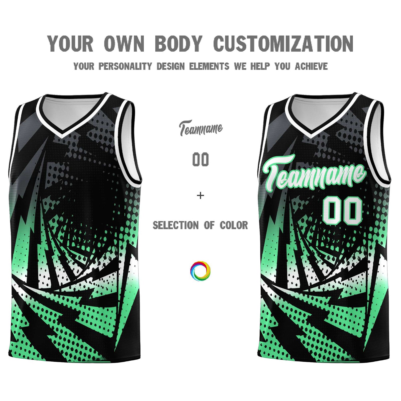 Custom Youth Basketball Jerseys Black Green Lightning Design Halftone Personalized Uniforms