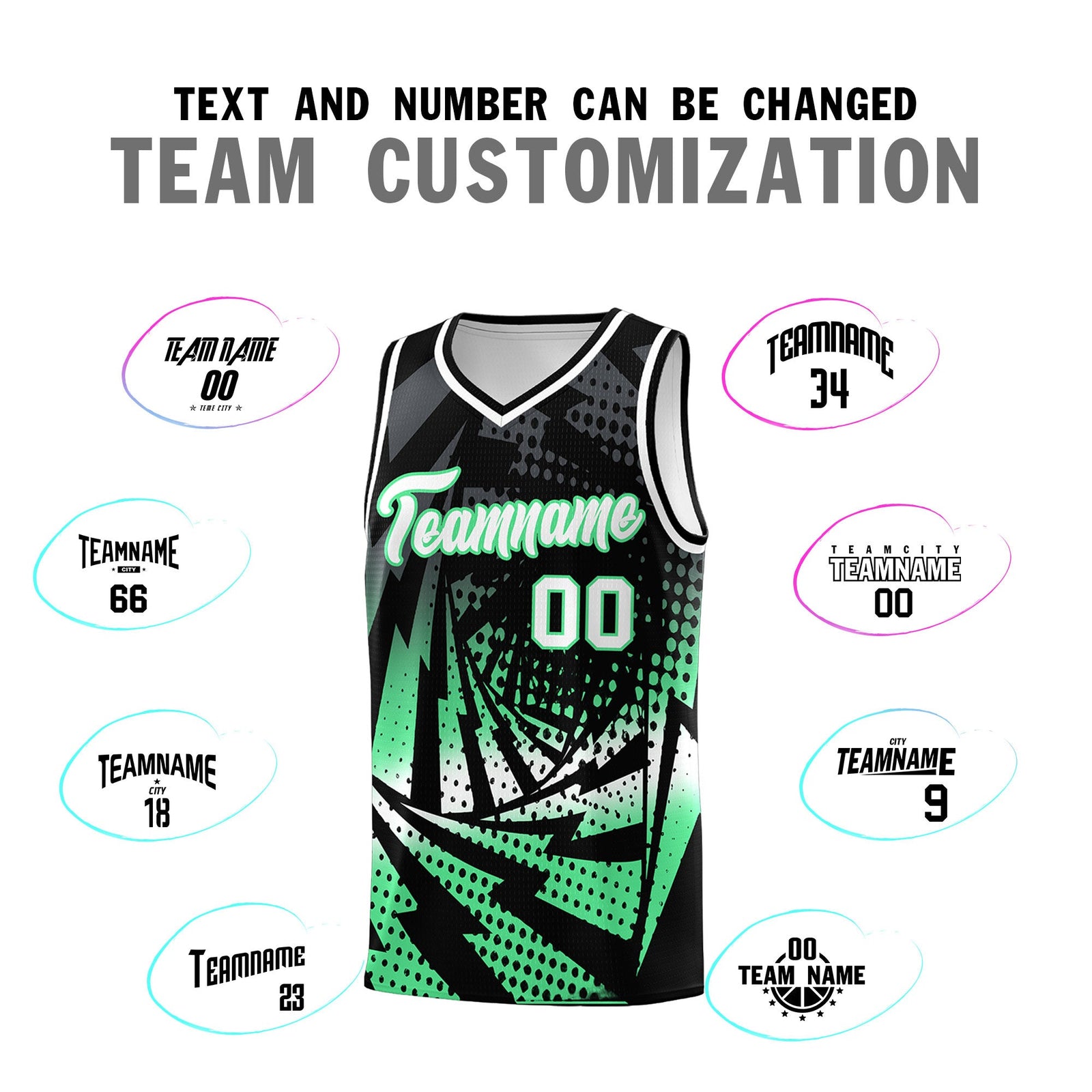 Custom Youth Basketball Jerseys Black Green Lightning Design Halftone Personalized Uniforms