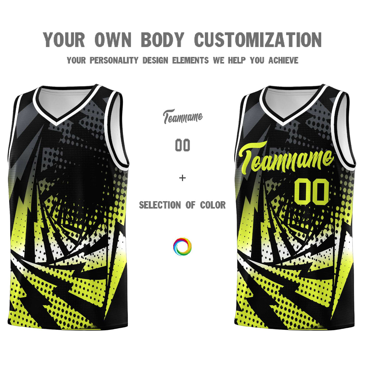Custom Youth Basketball Jerseys Black Fluorescent Green Lightning Halftone Personalized Team Uniforms