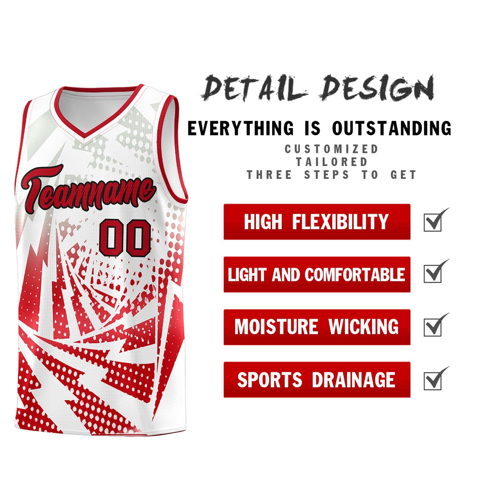 Custom Youth Basketball Jerseys White Red Lightning Halftone Personalized Team Uniforms