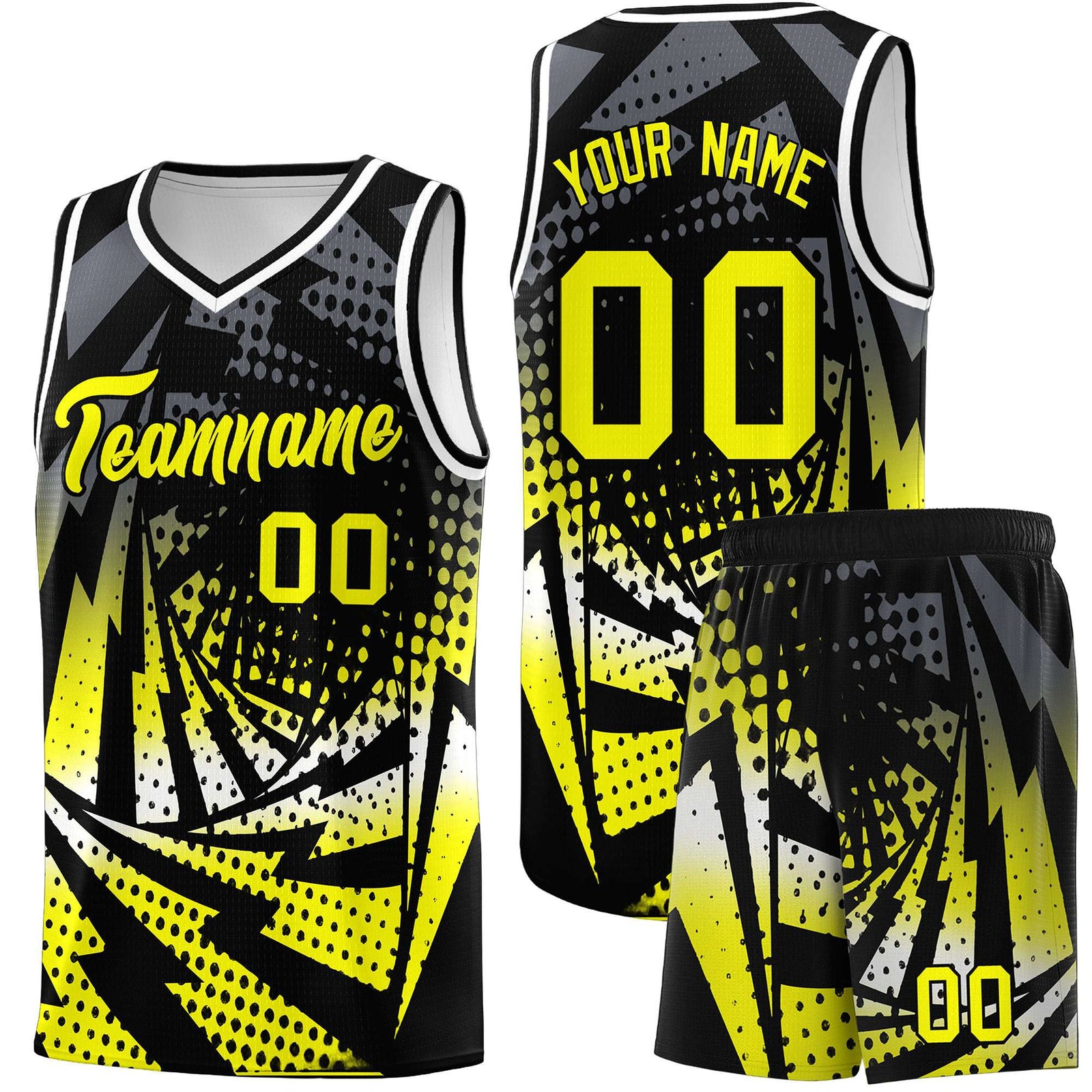 Custom Youth Basketball Jerseys Black Fluorescent Yellow Lightning Design Halftone Personalized Uniforms