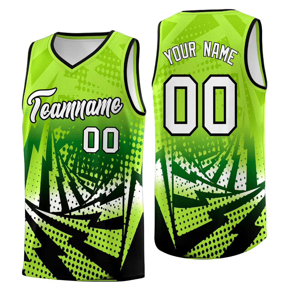 Custom Youth Basketball Jerseys Neon Green Black Lightning Halftone Personalized Team Uniforms