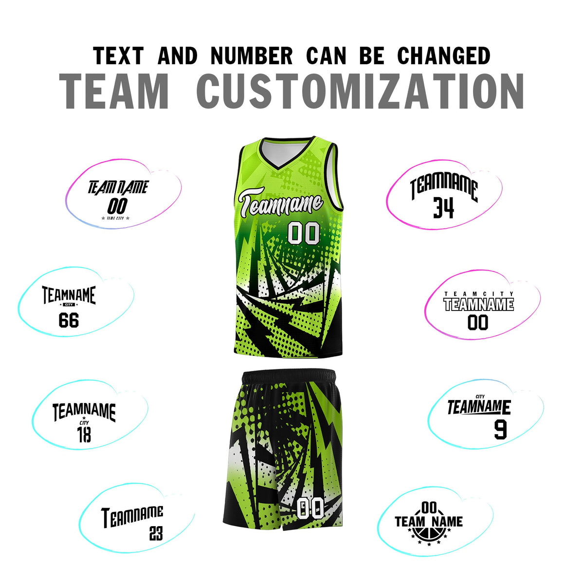 Custom Youth Basketball Jerseys Neon Green Black Lightning Halftone Personalized Team Uniforms