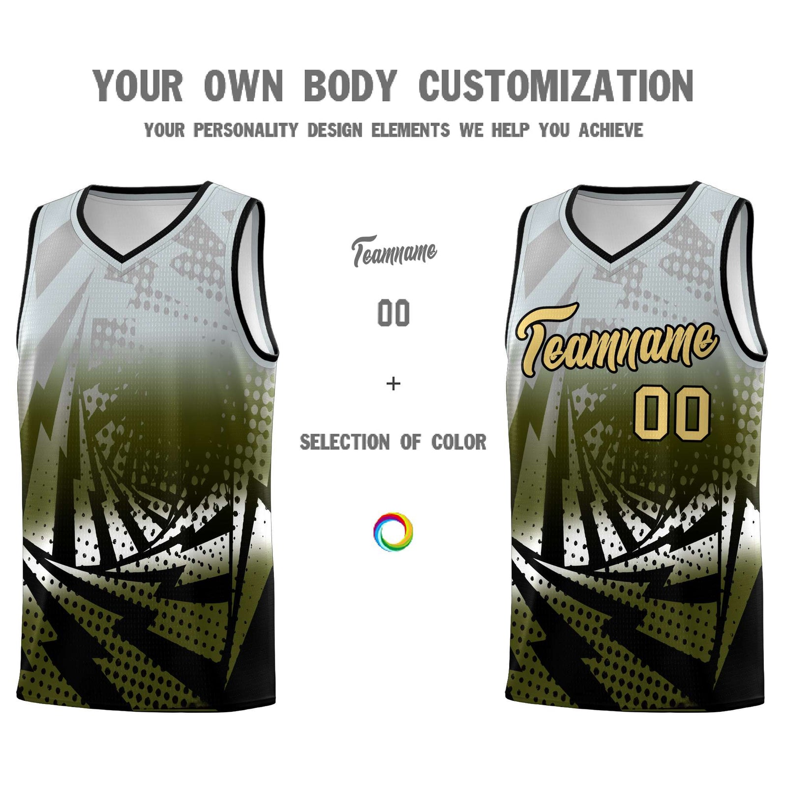 Custom Youth Basketball Jerseys Silver Gray Olive Lightning Design Halftone Personalized Uniforms