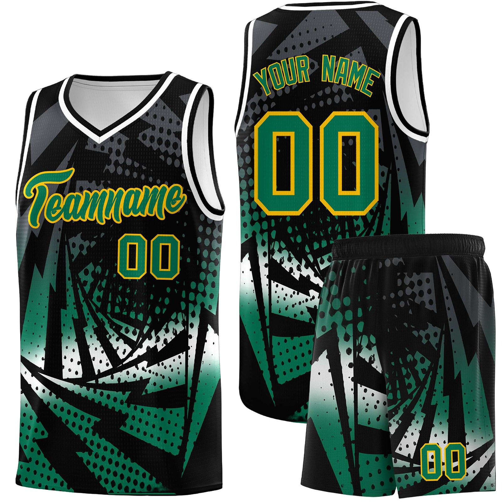 Custom Youth Basketball Jerseys Black Kelly Green Lightning Design Halftone Personalized Uniforms