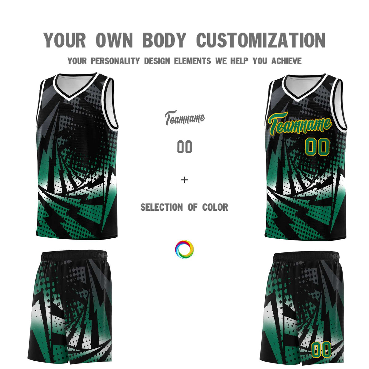 Custom Youth Basketball Jerseys Black Kelly Green Lightning Design Halftone Personalized Uniforms