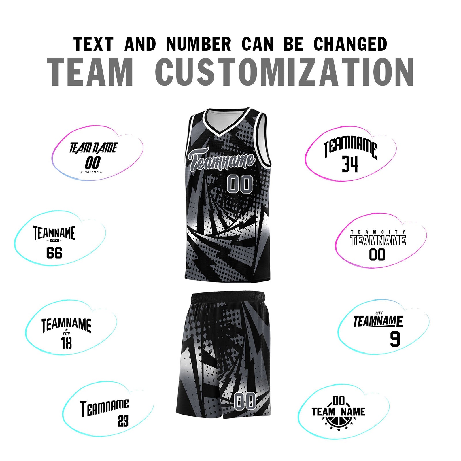 Custom Youth Basketball Jerseys Black Dark Gray Lightning Design Halftone Personalized Uniforms