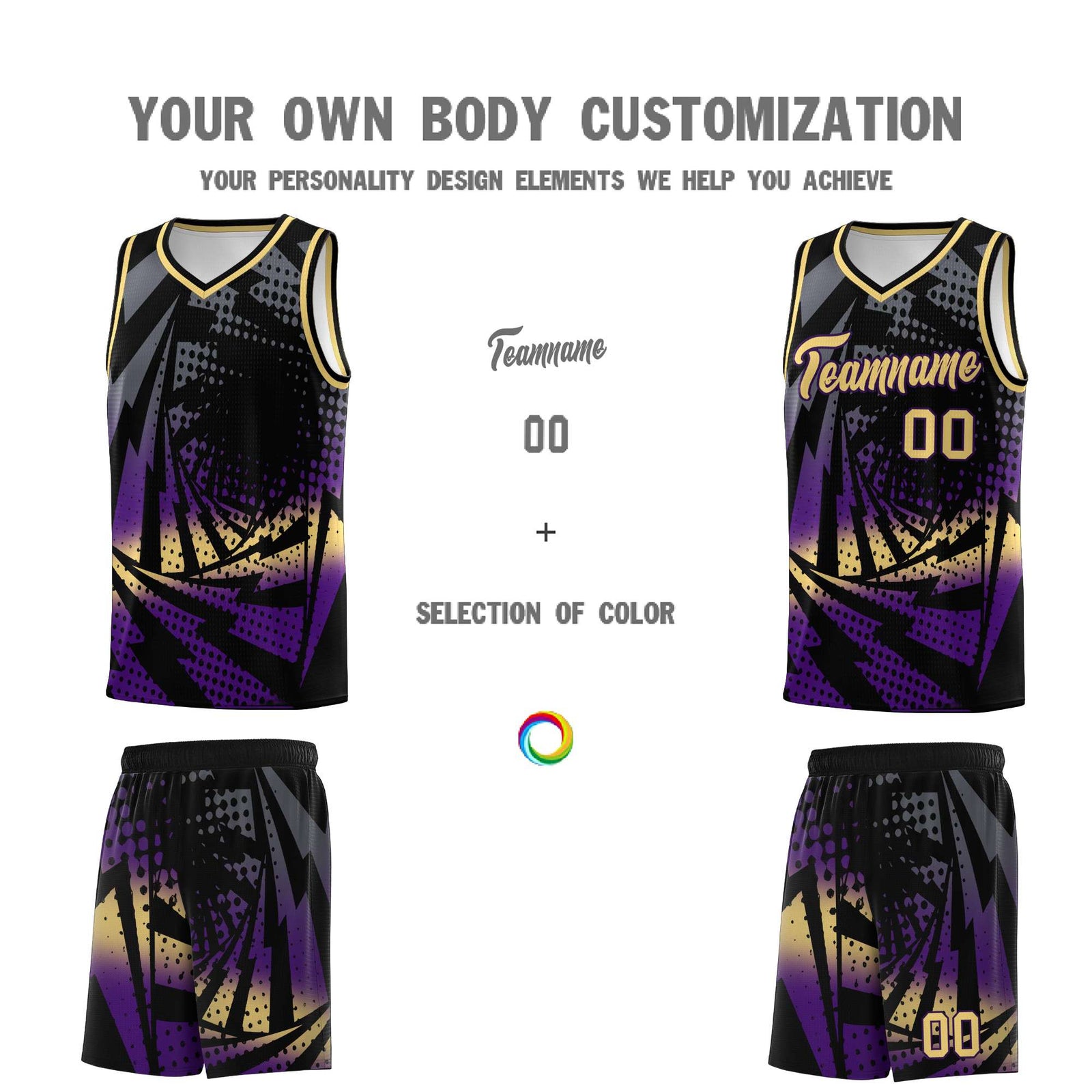 Custom Youth Basketball Jerseys Black Purple Lightning Design Halftone Personalized Uniforms