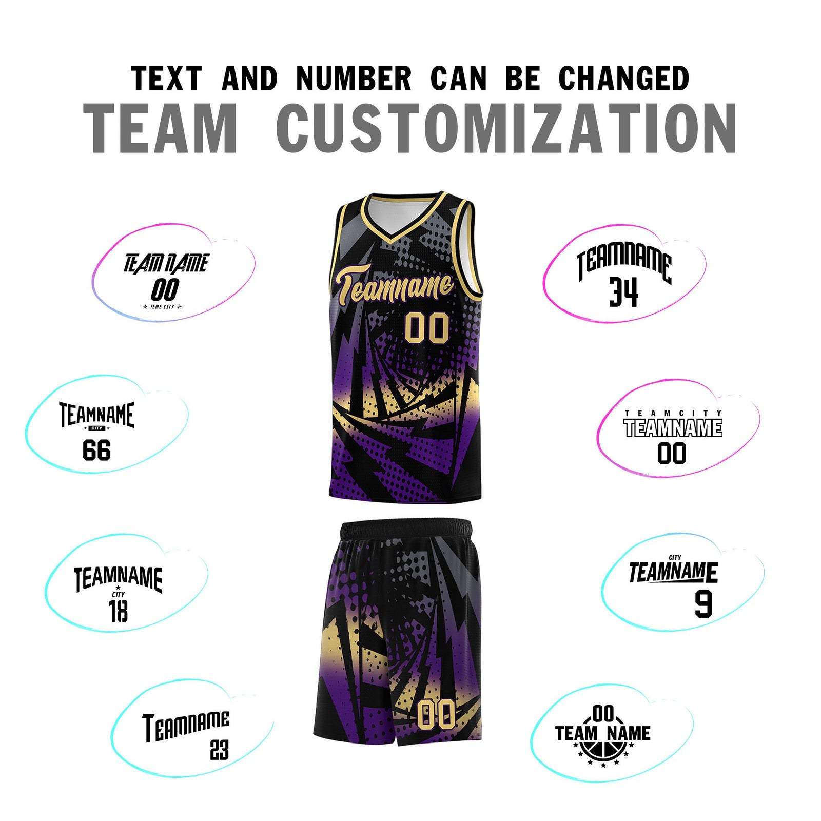 Custom Youth Basketball Jerseys Black Purple Lightning Design Halftone Personalized Uniforms