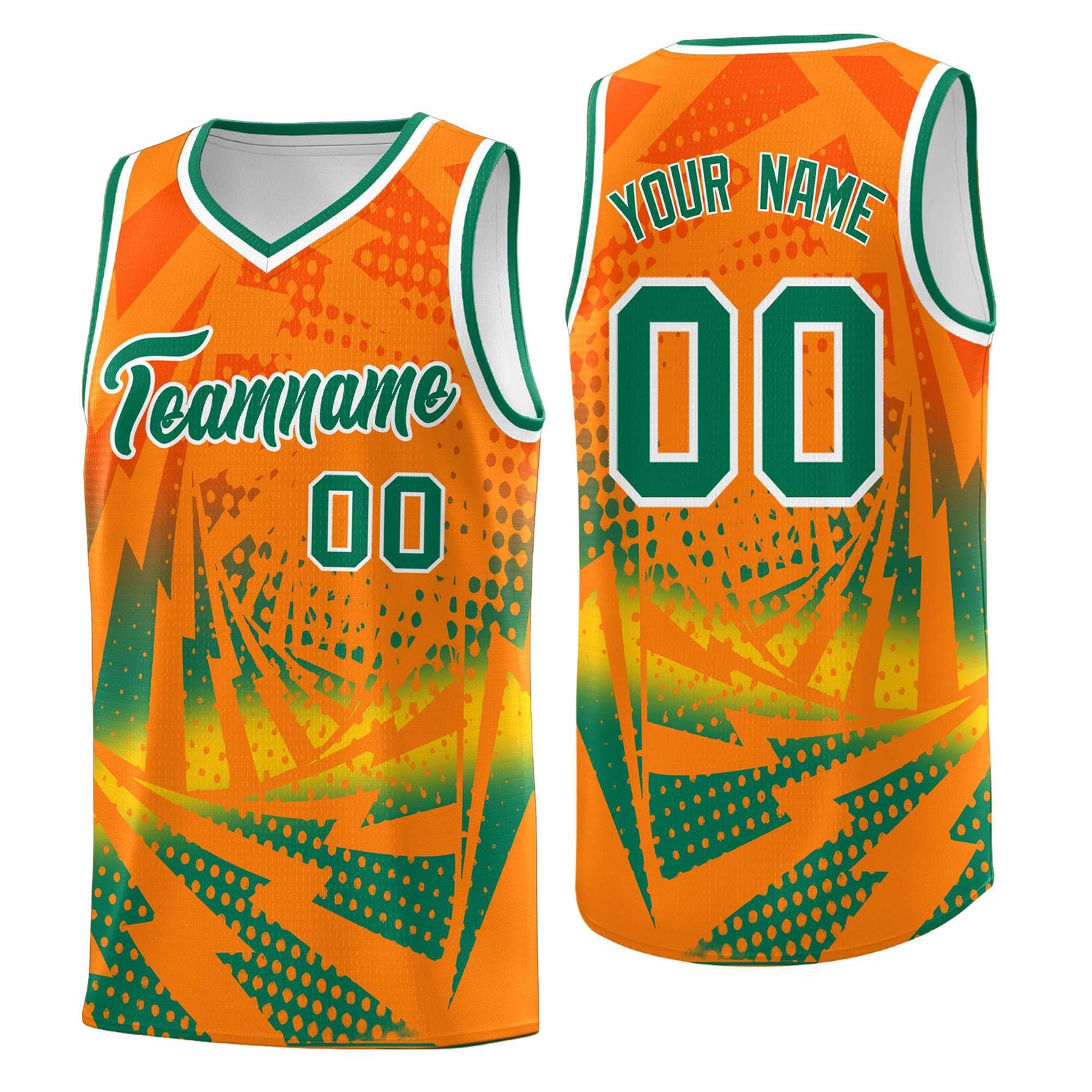 Custom Youth Basketball Jerseys Orange Kelly Green Lightning Design Halftone Personalized Uniforms