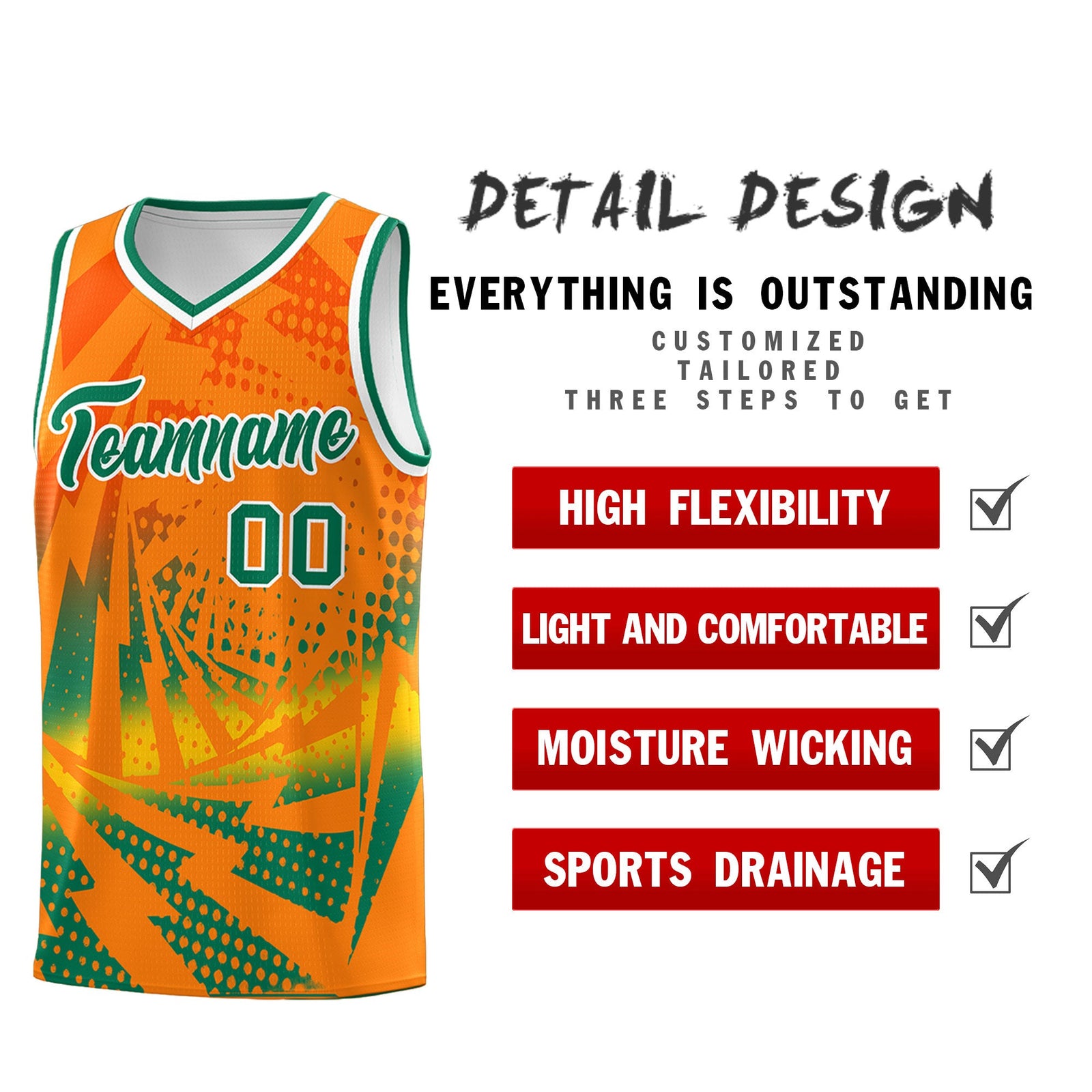 Custom Youth Basketball Jerseys Orange Kelly Green Lightning Design Halftone Personalized Uniforms