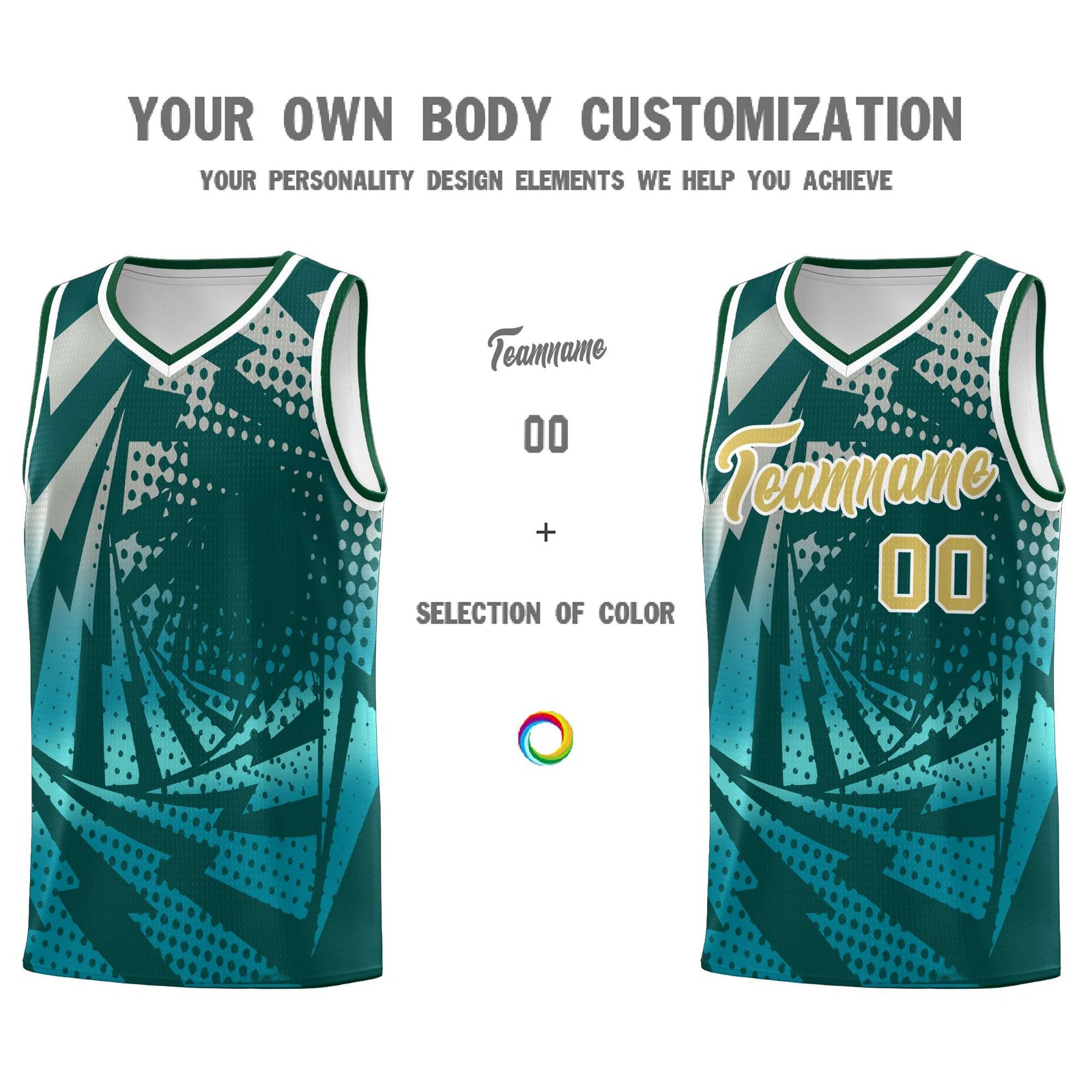 Custom Youth Basketball Jerseys Midnight Green Teal Lightning Halftone Personalized Team Uniforms