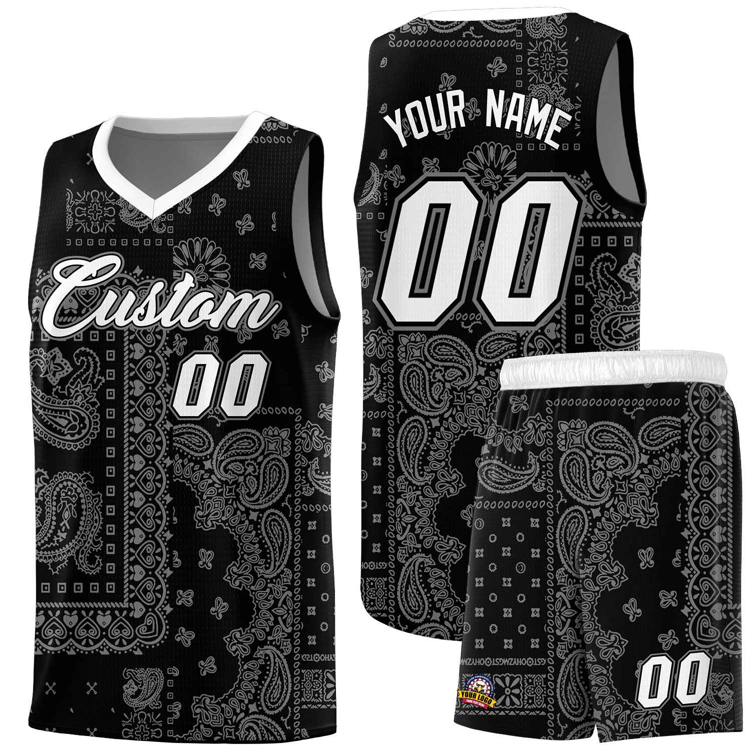 Custom Black Basketball Kits With White Cashew Flower Print Pattern