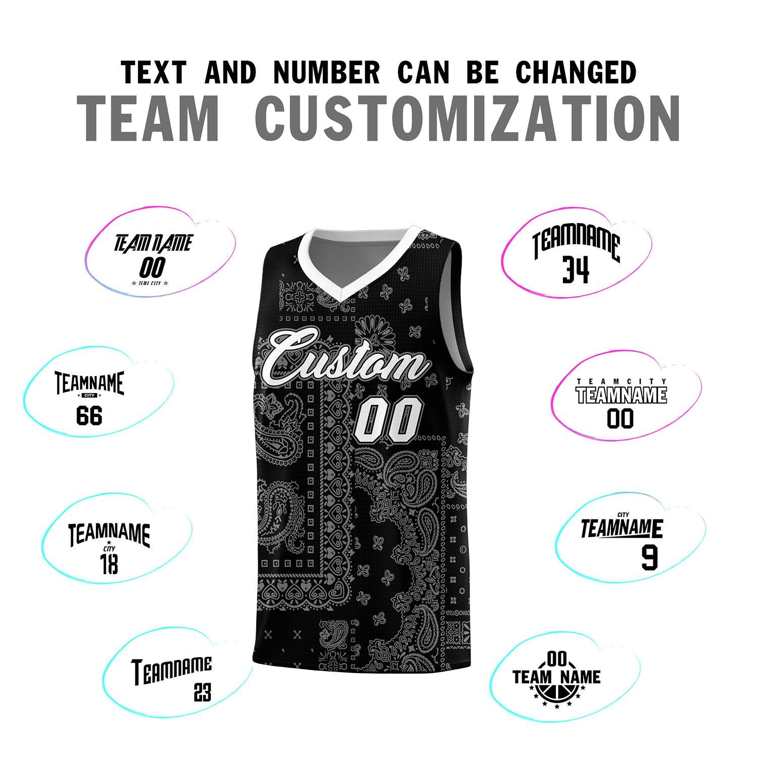 Custom Black Basketball Kits With White Cashew Flower Print Pattern