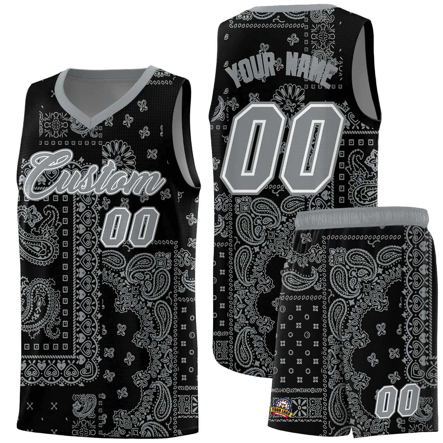 Custom Black Basketball Kits With Silver Cashew Flower Print Pattern