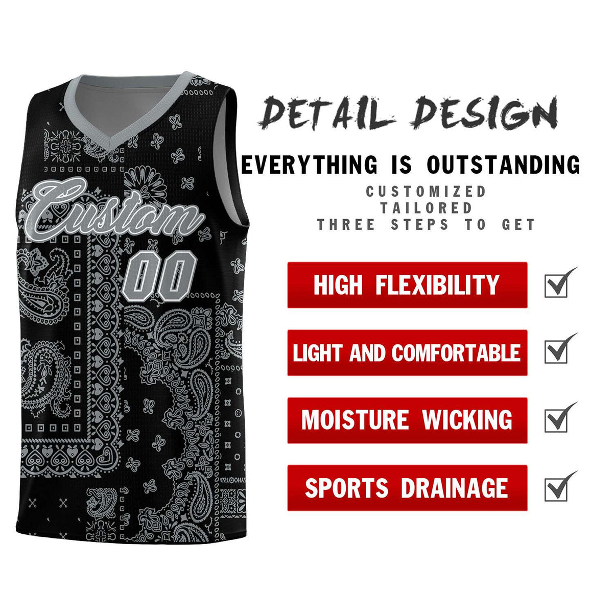 Custom Black Basketball Kits With Silver Cashew Flower Print Pattern