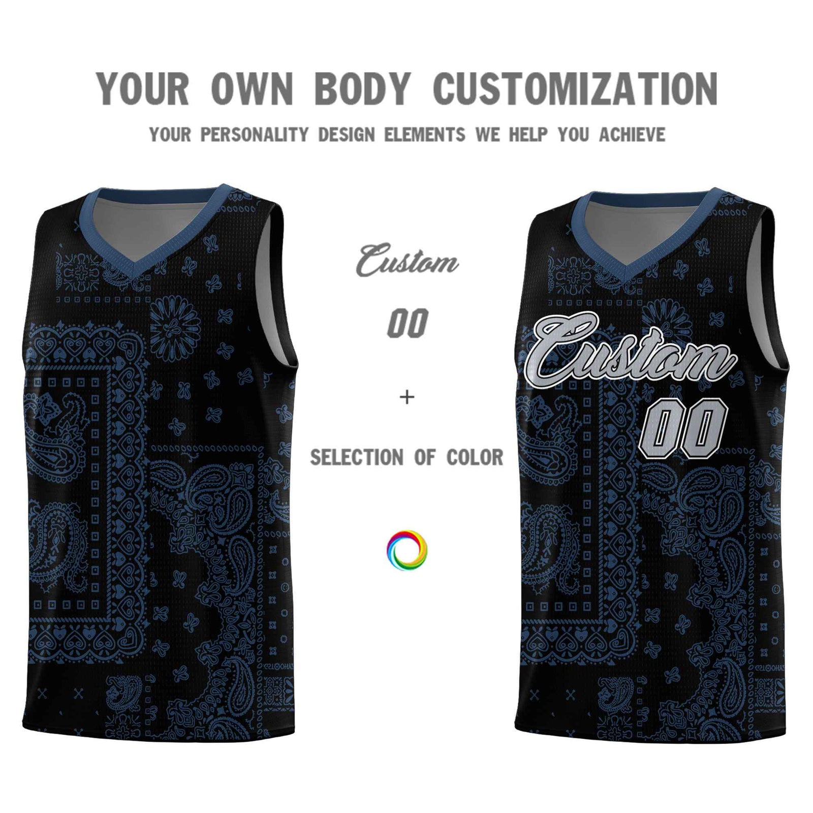 Custom Black Basketball Kits With Midnight Blue Cashew Flower Print Pattern
