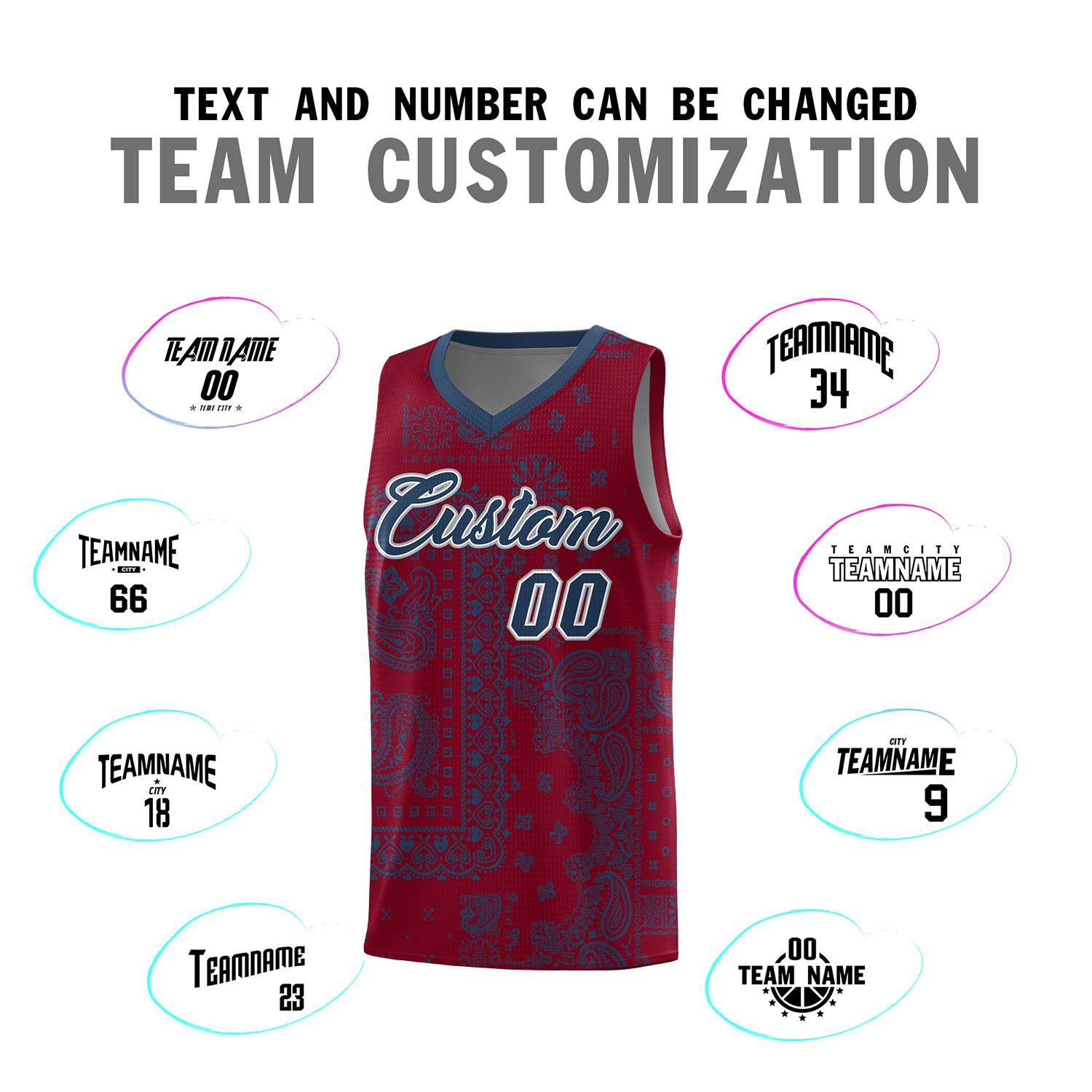 Custom Crimson Basketball Kits With Midnight Blue Cashew Flower Print Pattern