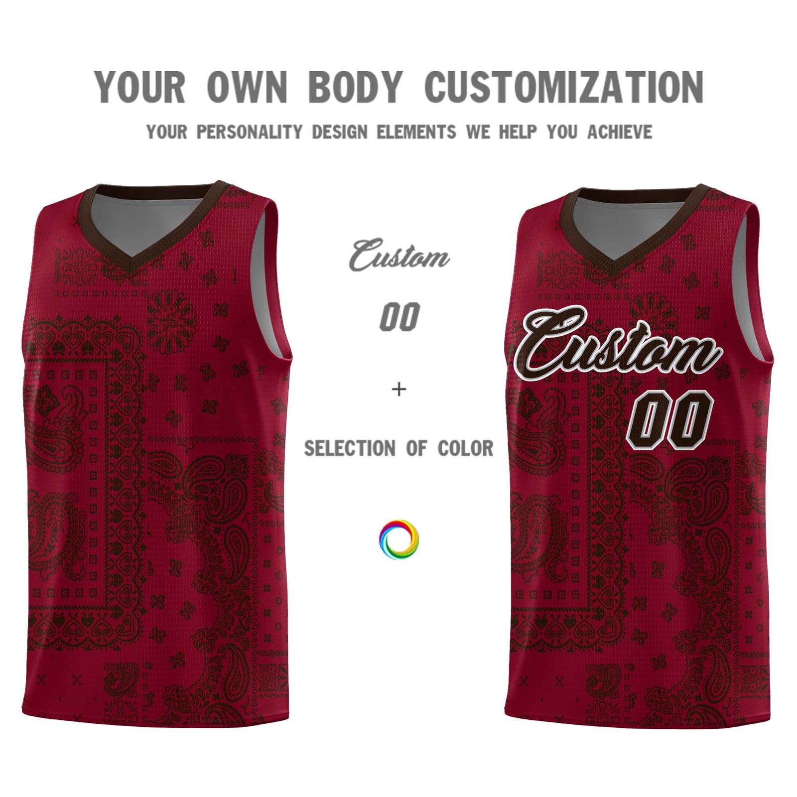 Custom Crimson Basketball Kits With Brown Cashew Flower Print Pattern