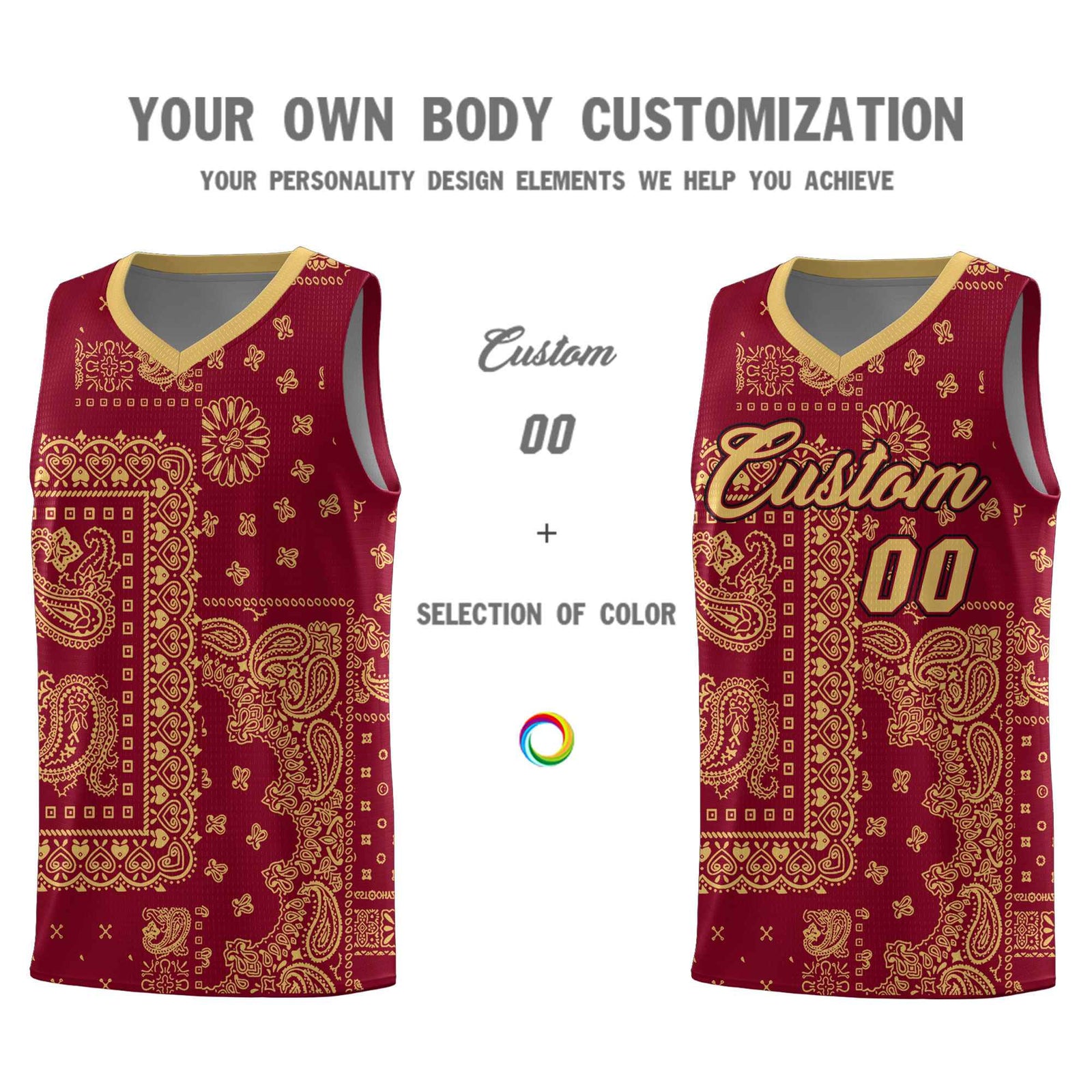 Custom Crimson Basketball Kits With Old Gold Cashew Flower Print Pattern