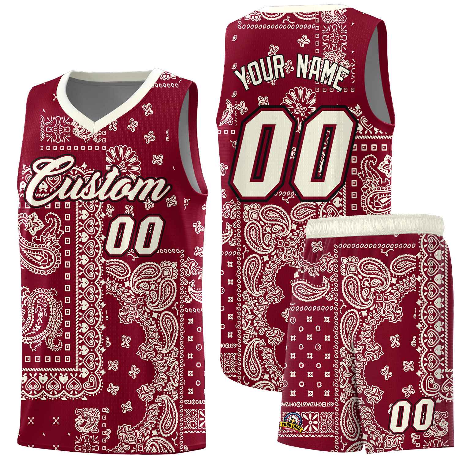 Custom Crimson Basketball Kits With Cream Cashew Flower Print Pattern