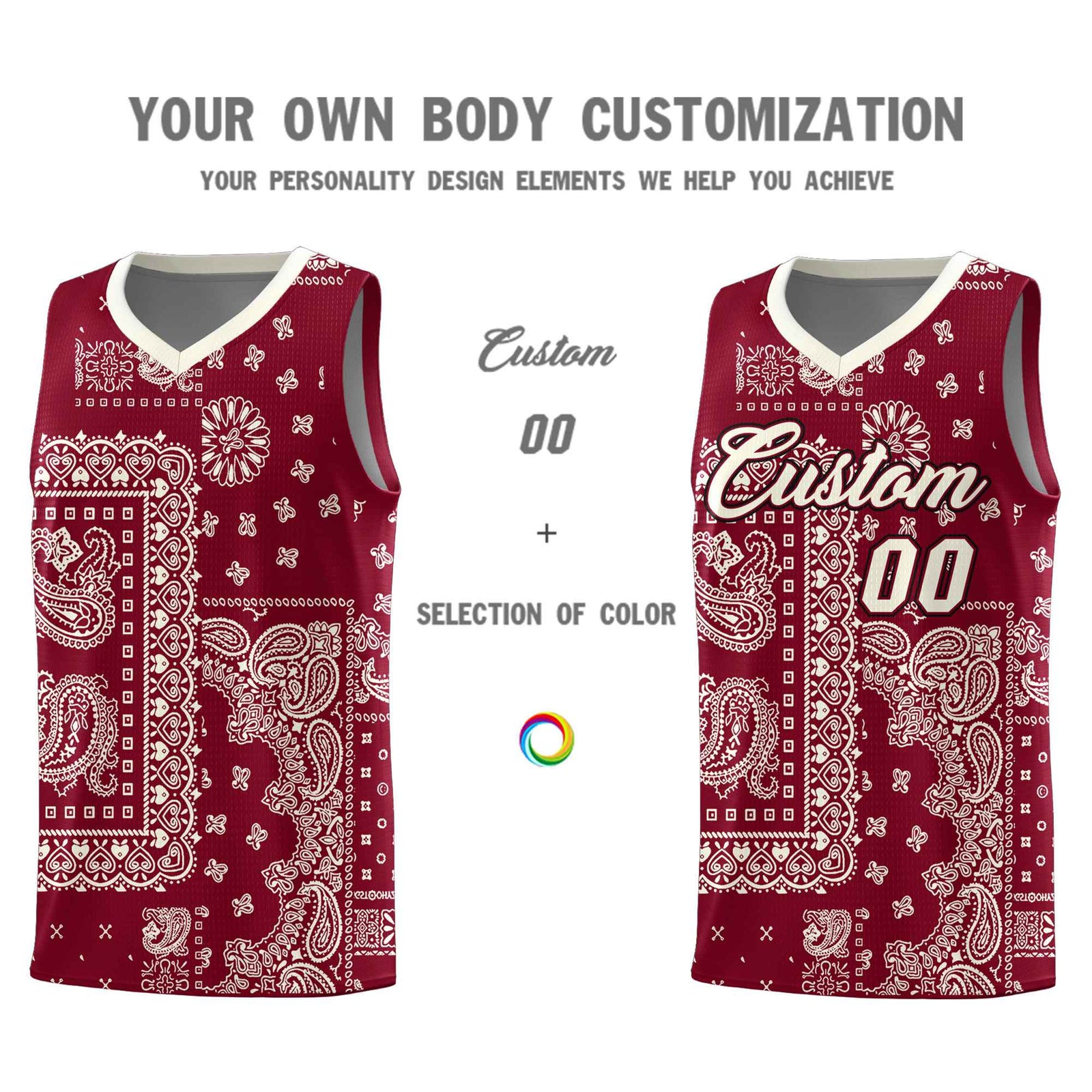 Custom Crimson Basketball Kits With Cream Cashew Flower Print Pattern