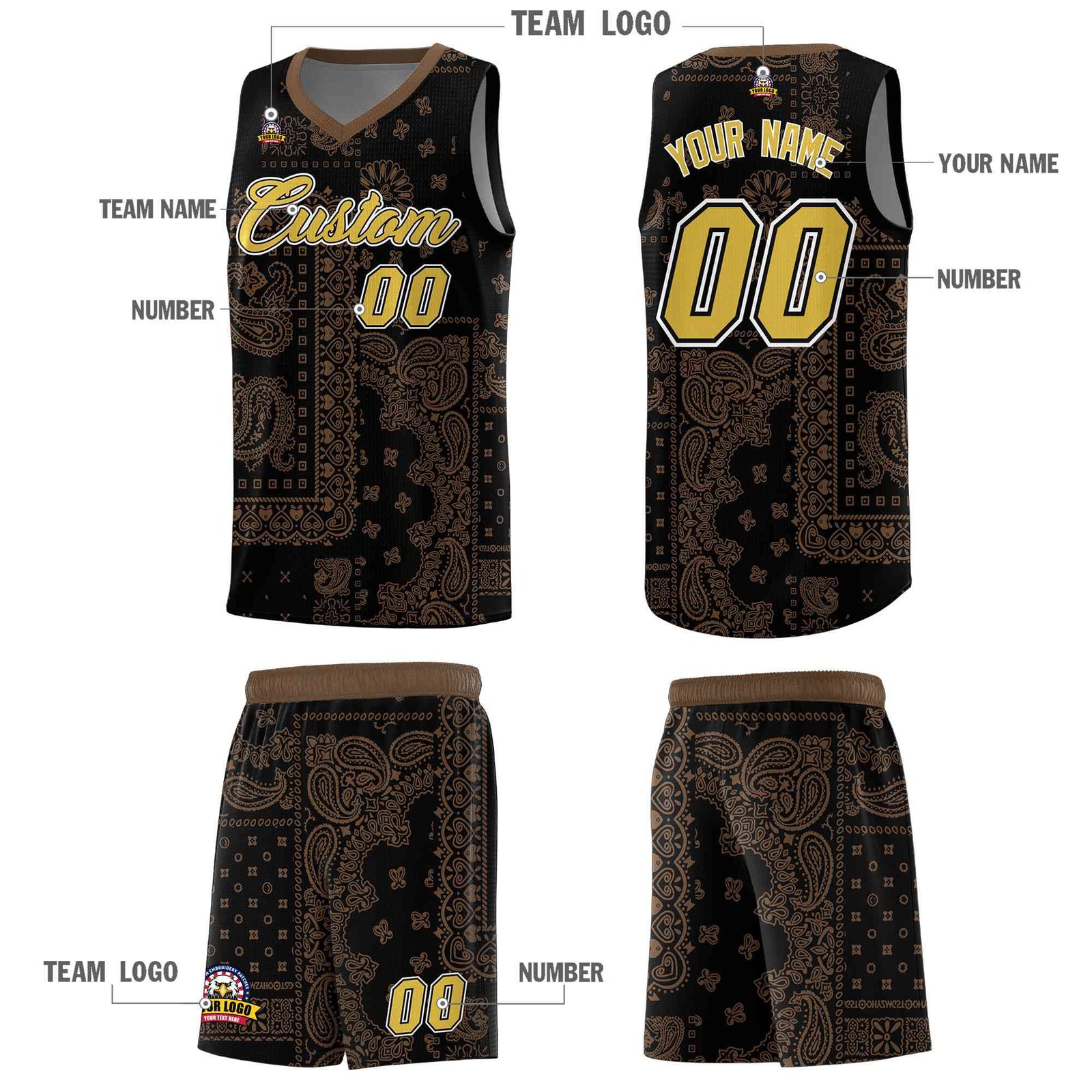 Custom Black Basketball Kits With Light Brown Cashew Flower Print Pattern