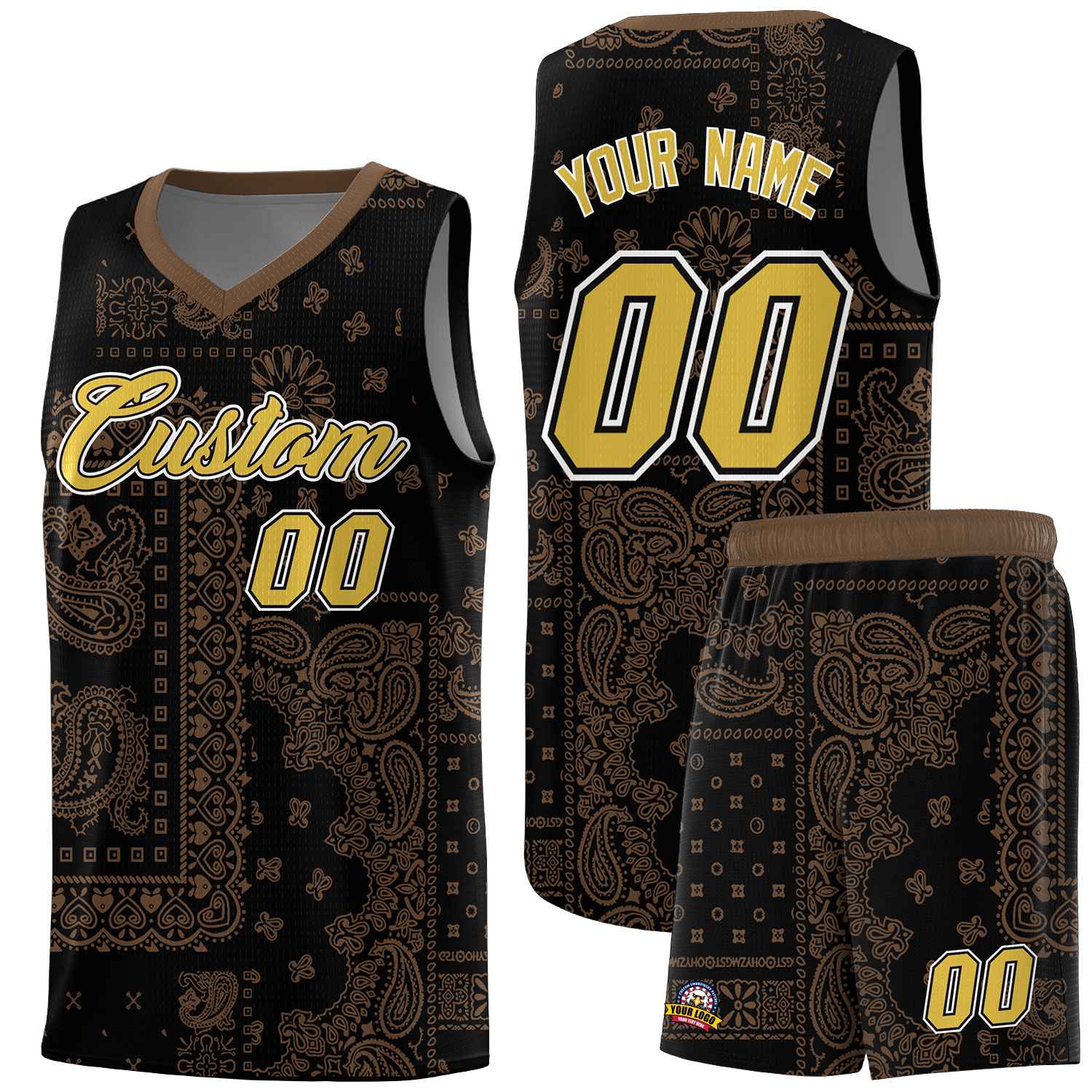 Custom Black Basketball Kits With Light Brown Cashew Flower Print Pattern