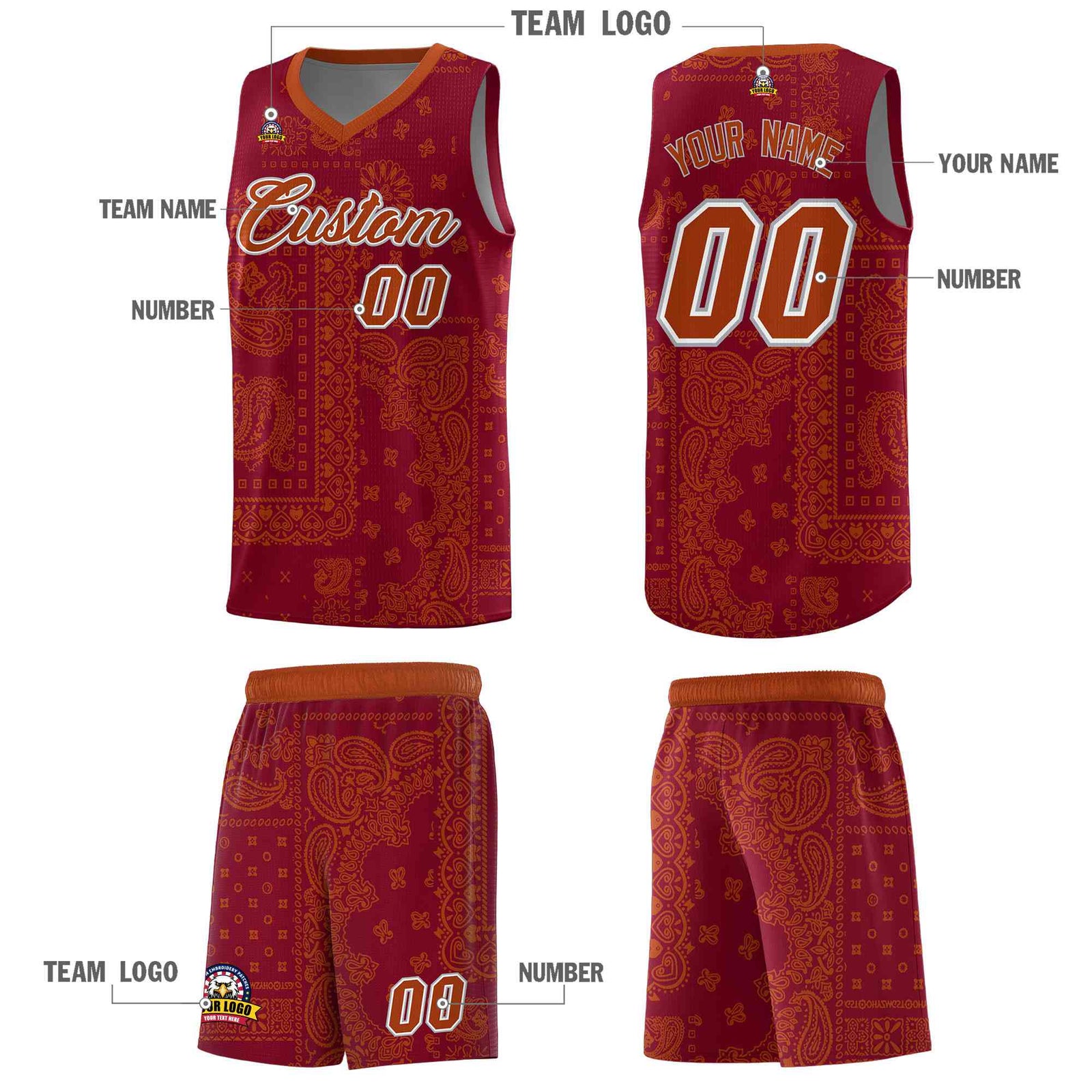 Custom Crimson Basketball Kits With Texas Orange Cashew Flower Print Pattern
